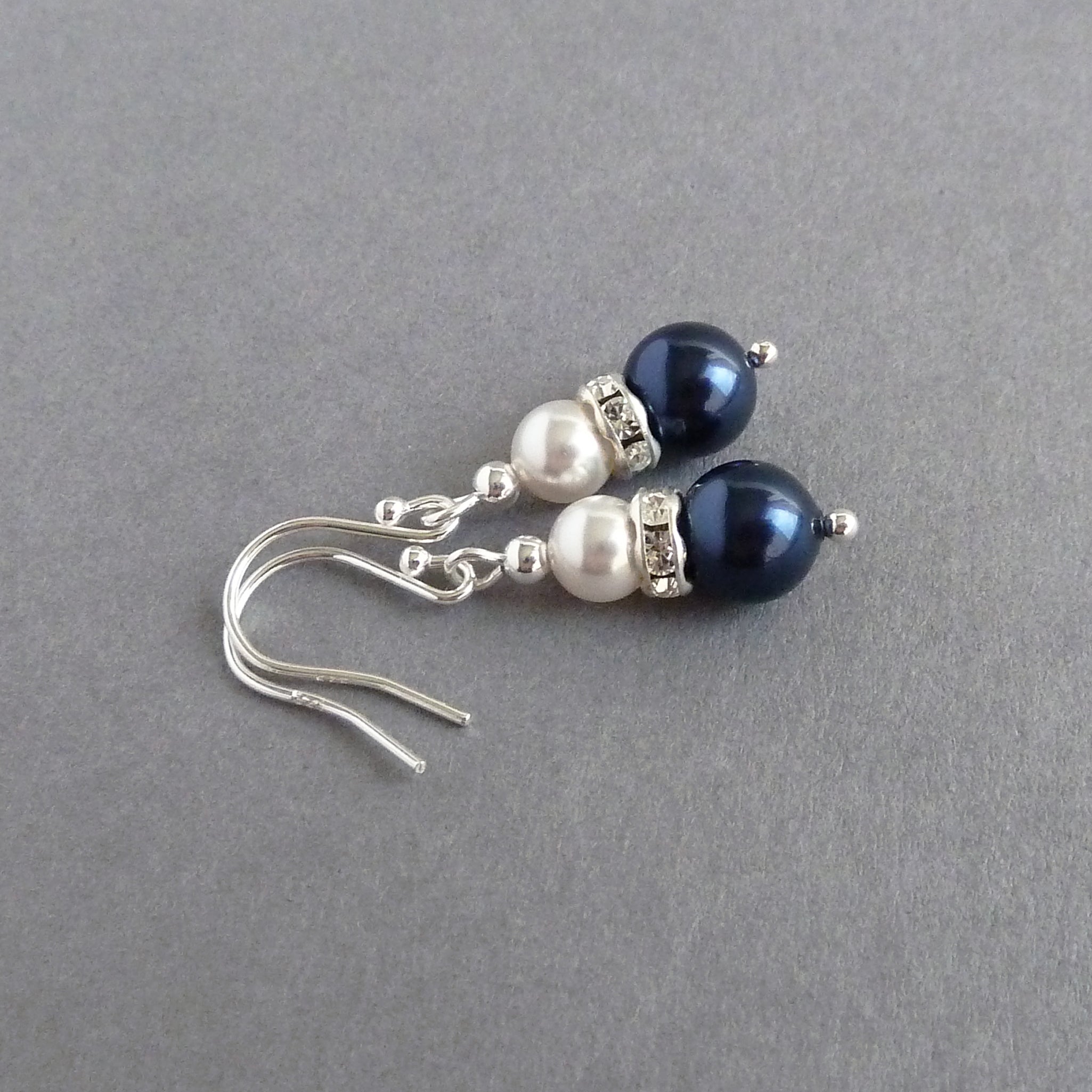 Navy Pearl and Crystal Drop Earrings Dangly Dark Blue and White Bridesmaids Earrings