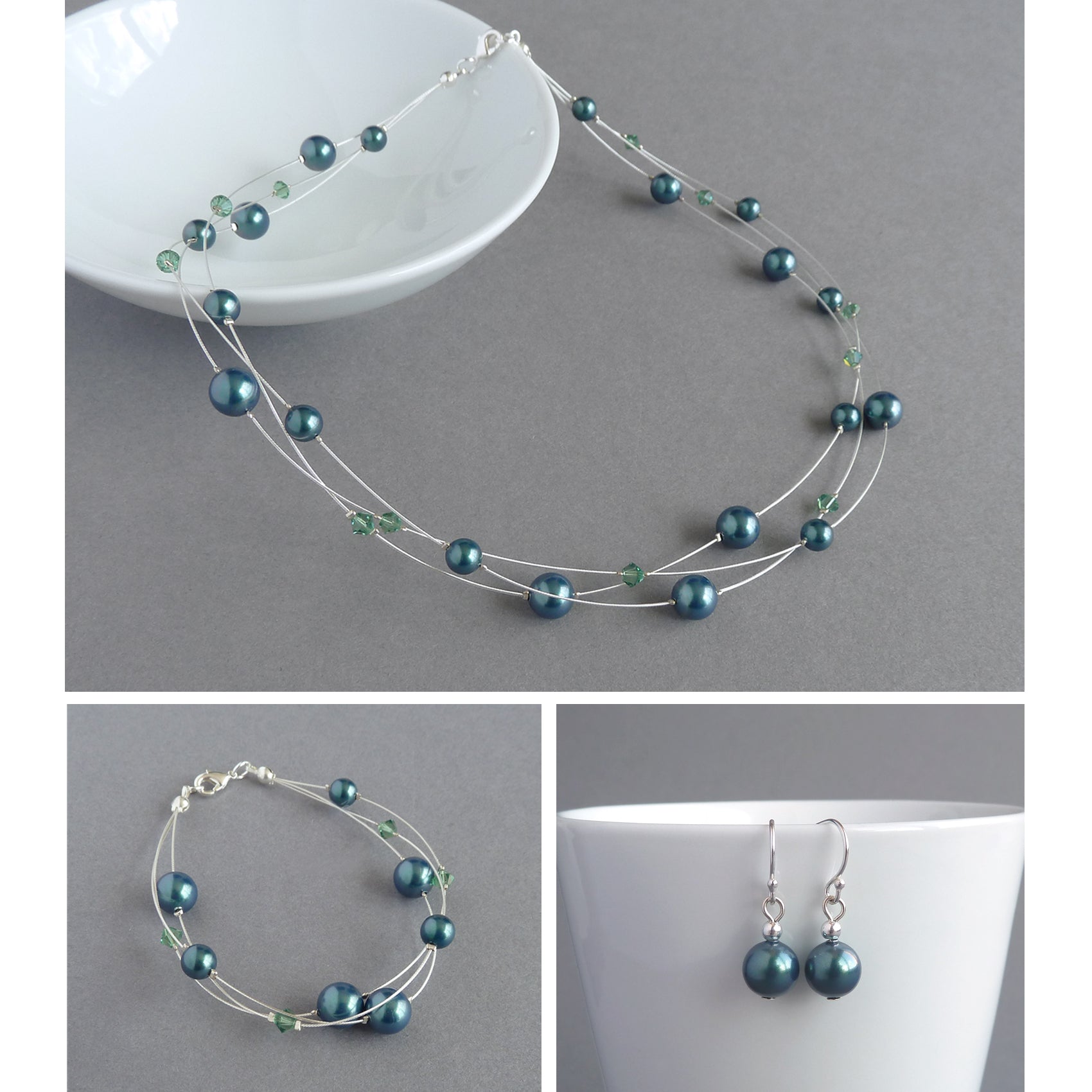 Dark green floating pearl jewellery set by Anna King Jewellery