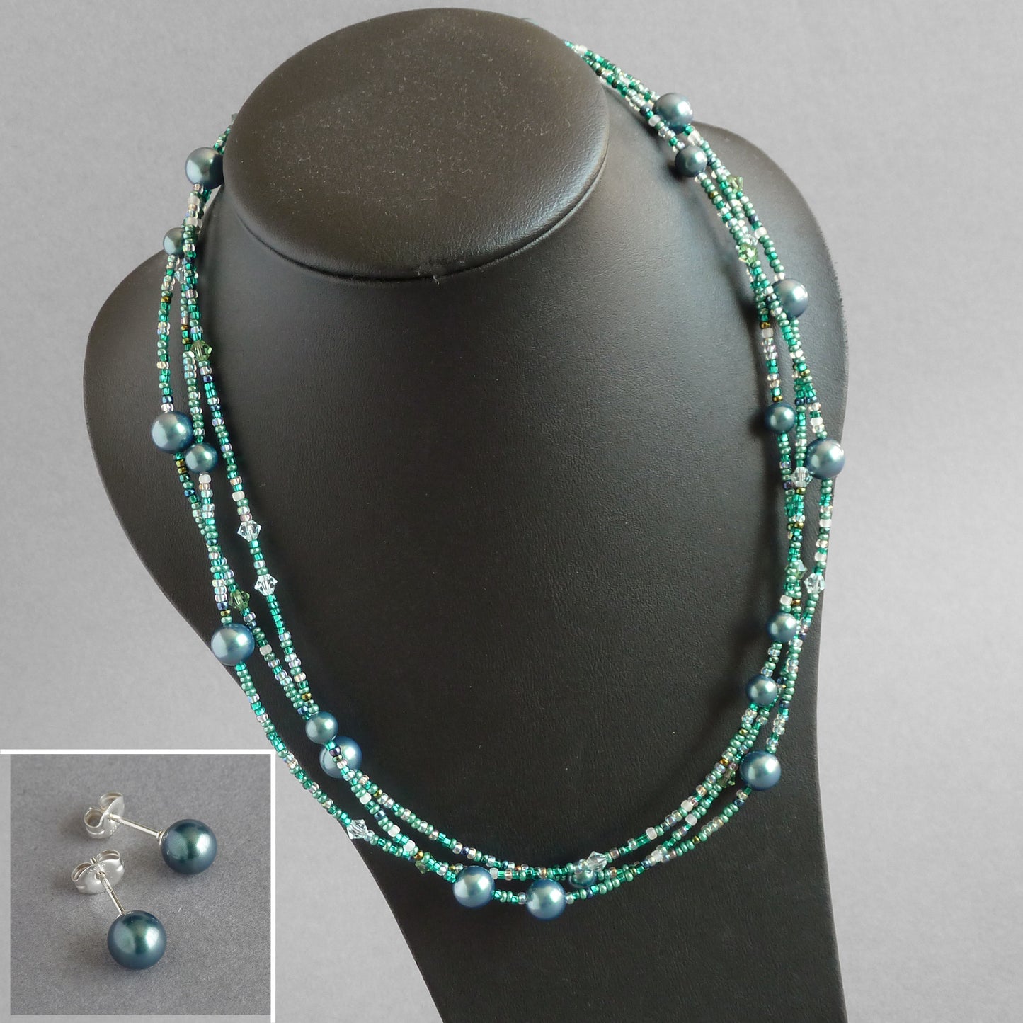 Dark green pearl necklace and earrings