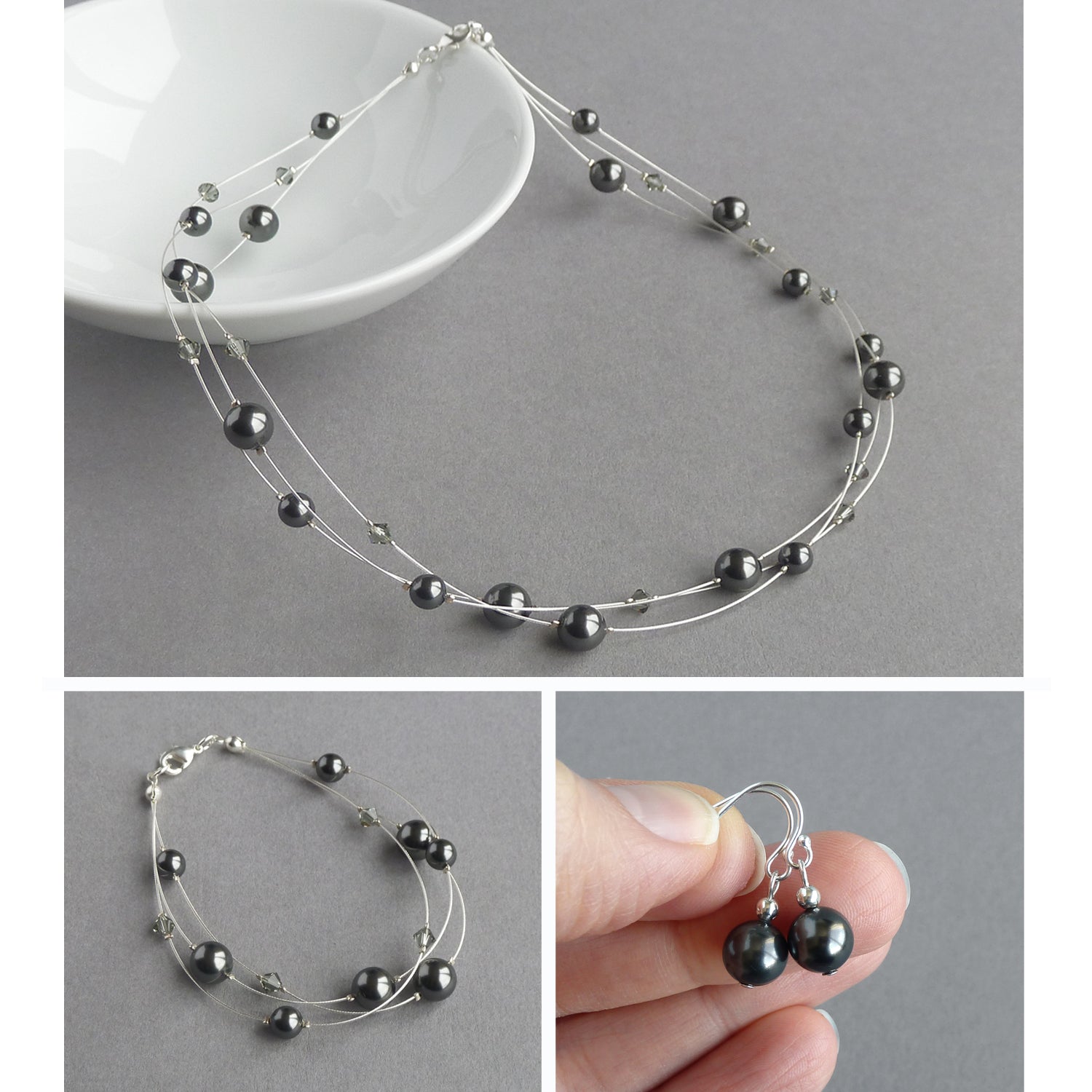 Dark grey floating pearl jewellery set by Anna King Jewellery