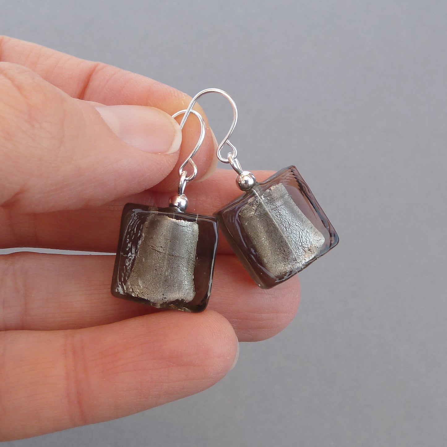 Dark grey square glass earrings