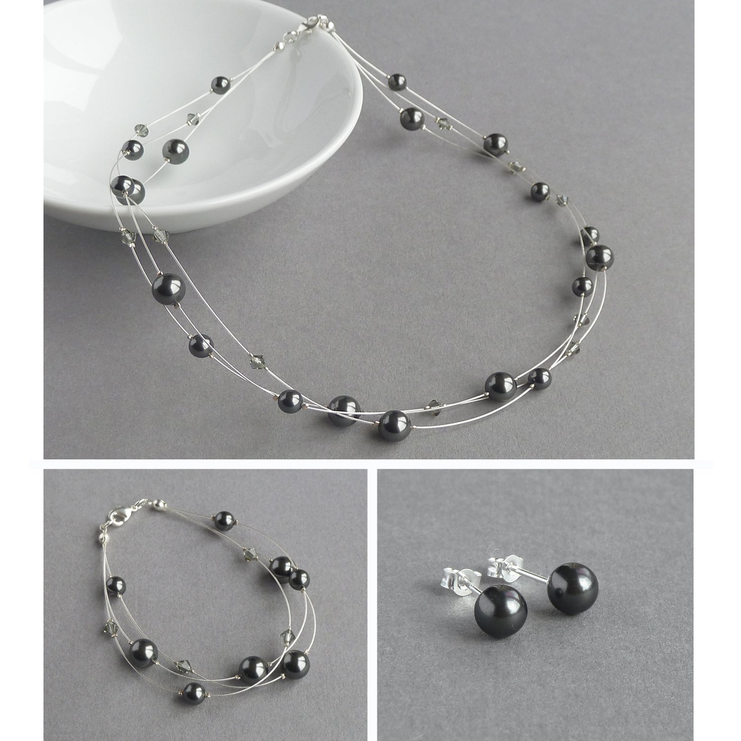 Dark grey pearl jewellery set by Anna King