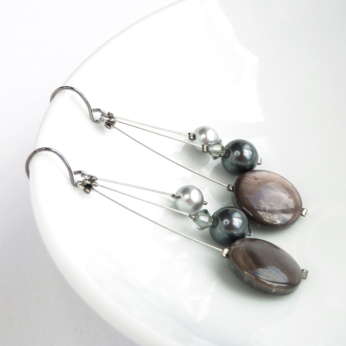 Dark grey three strand earrings