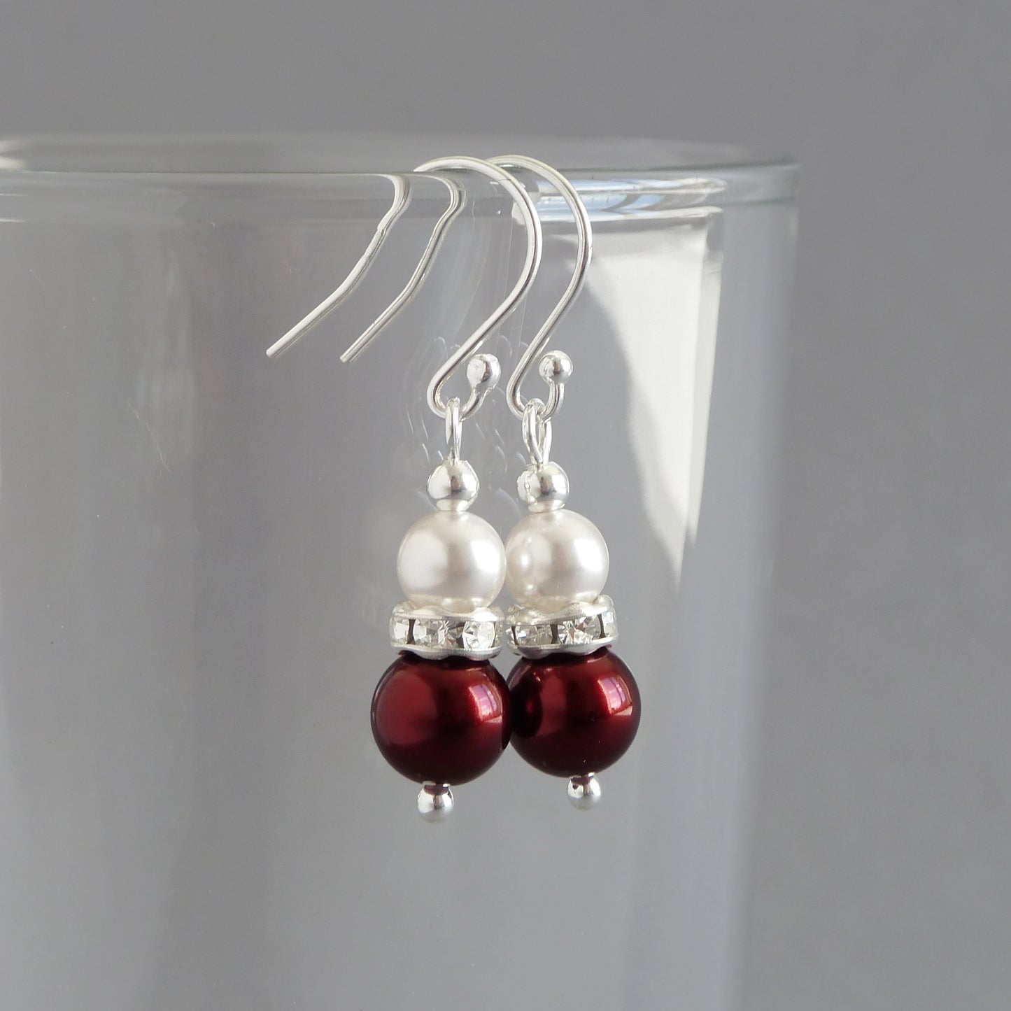 Dark red pearl drop earrings