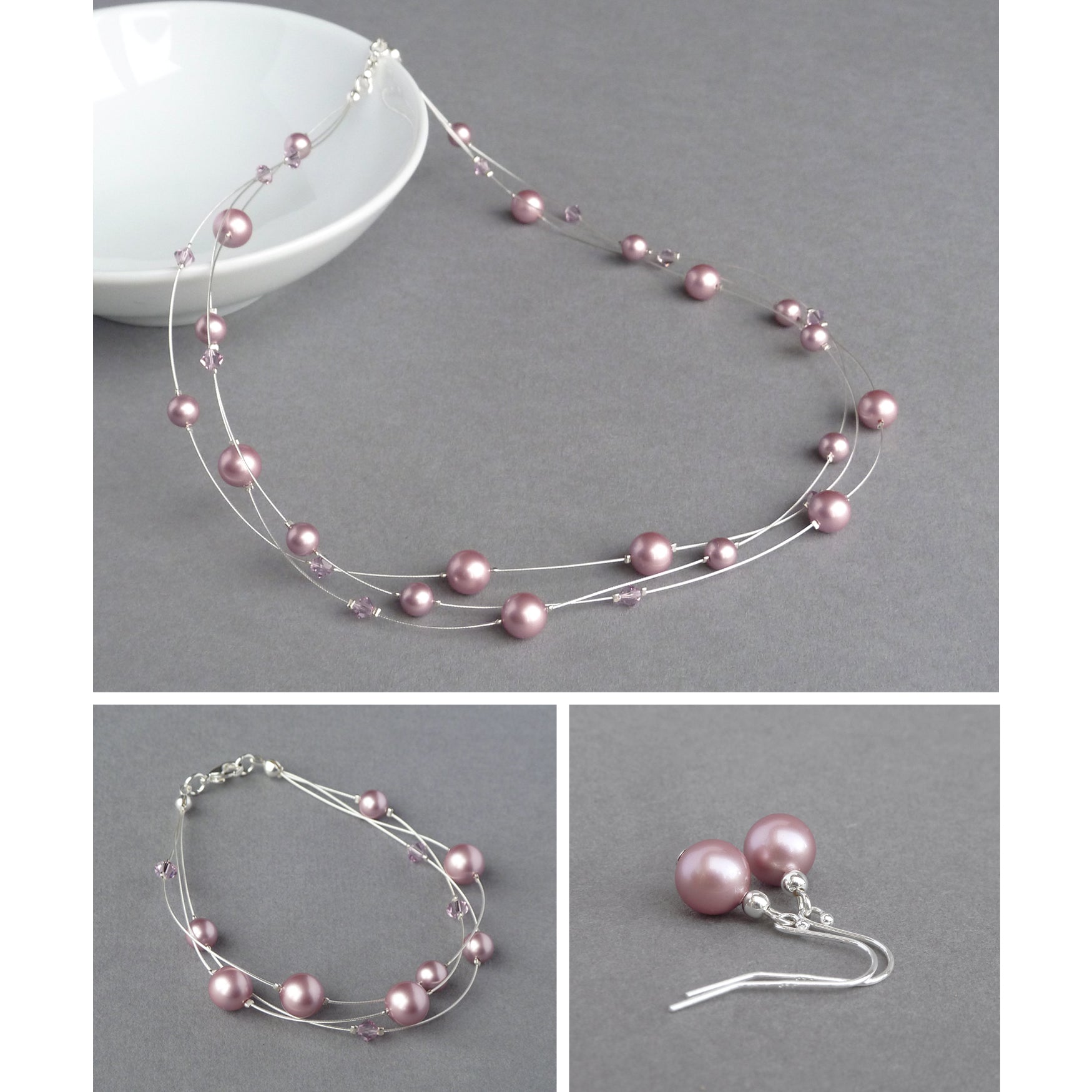 Dusky pink floating pearl jewellery set by Anna King Jewellery