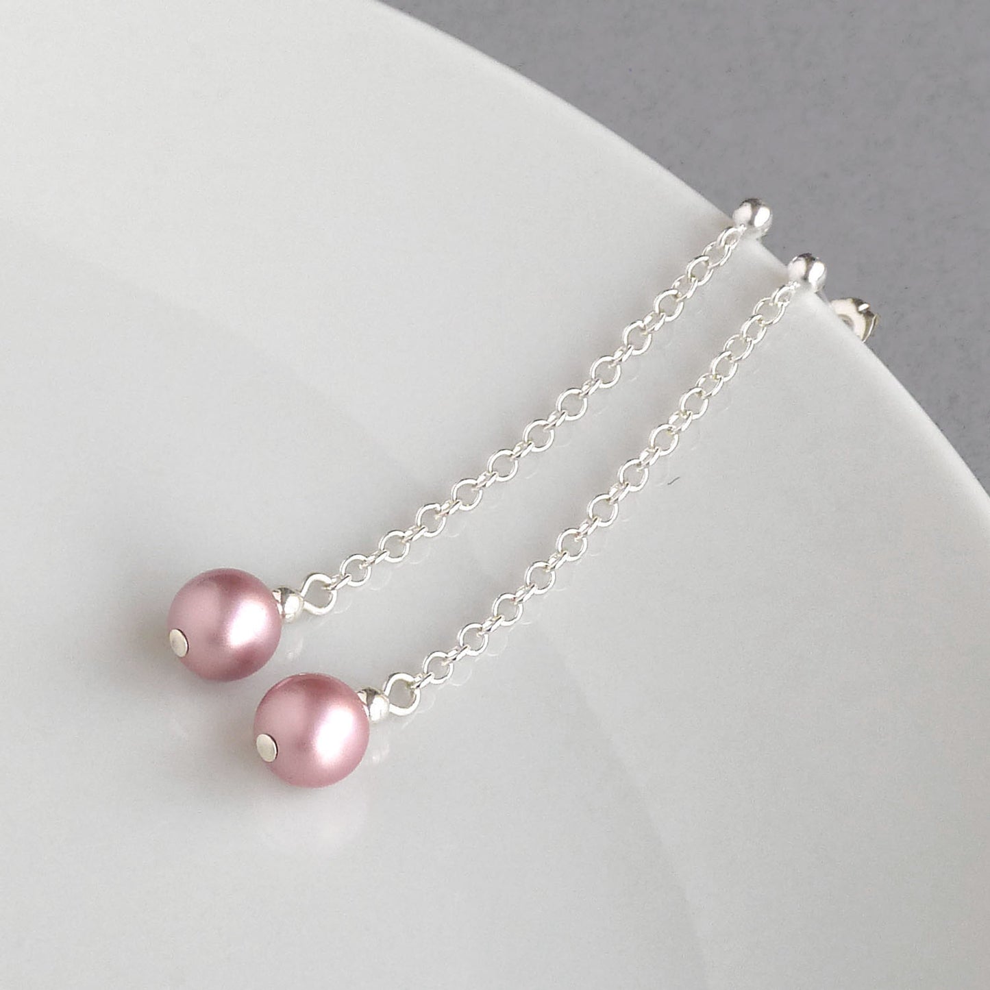 Dusky pink pearl drop earrings