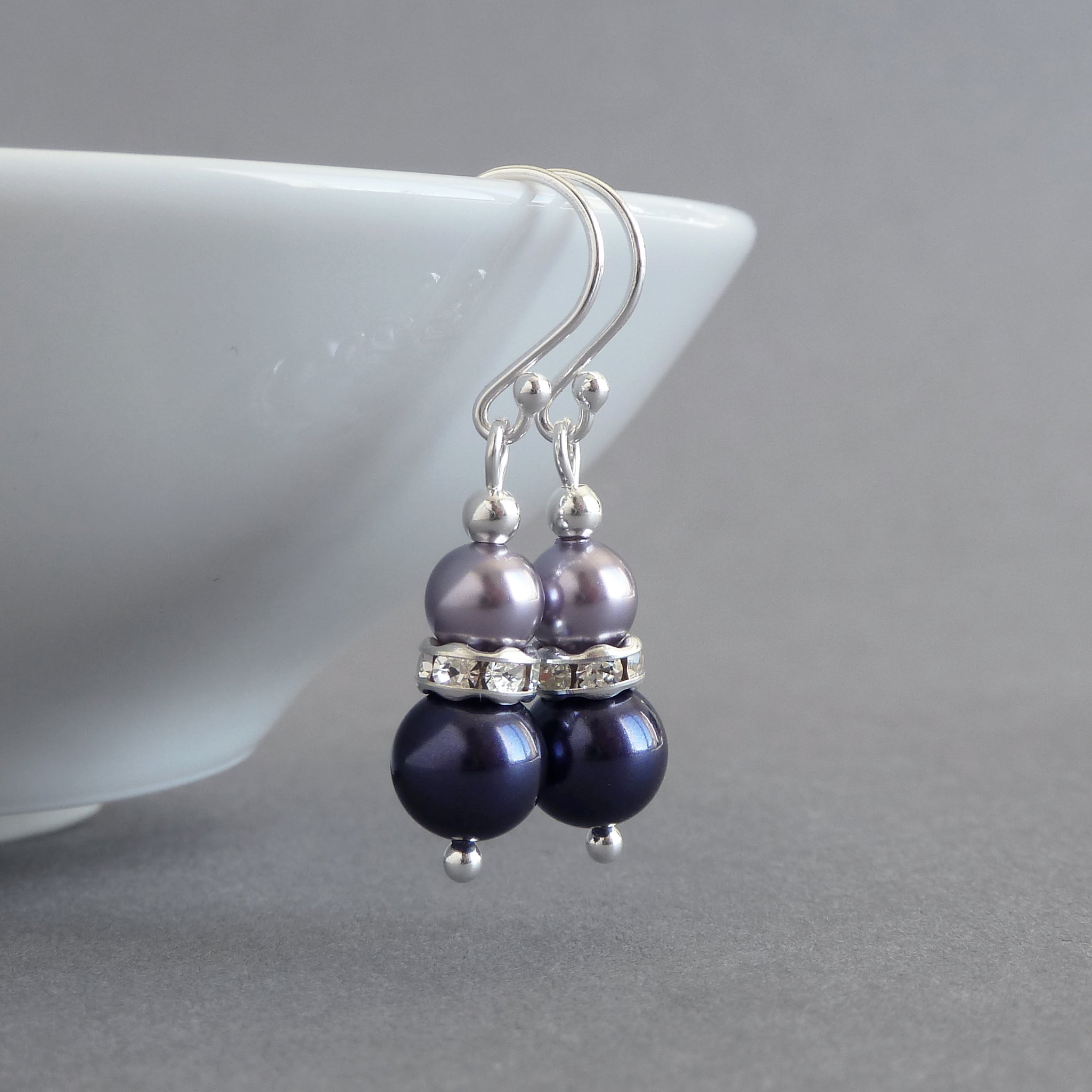 Dark Purple Pearl and Crystal Drop Earrings Eggplant Bridesmaids Dangle Earrings