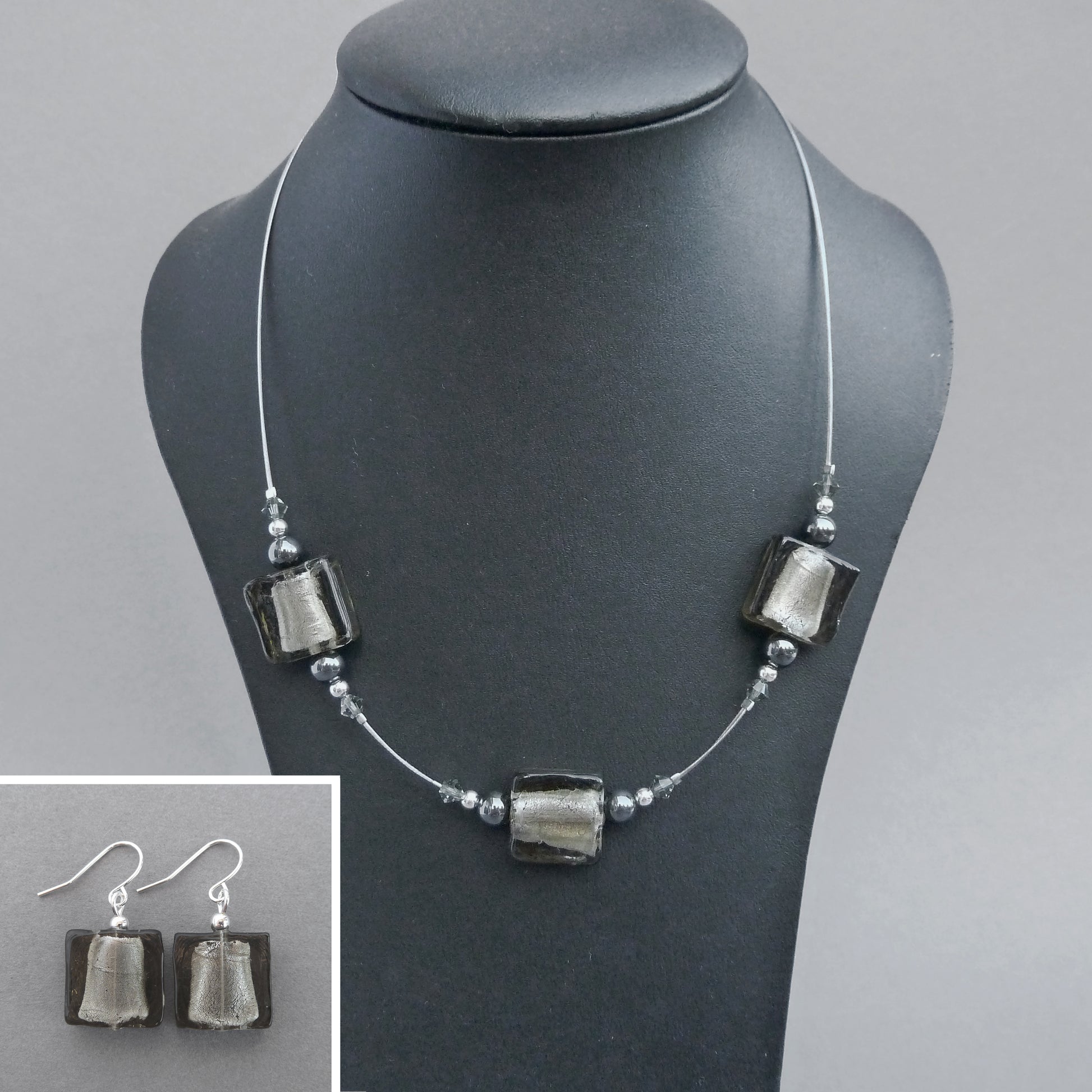 Grey fused glass necklace and earrings
