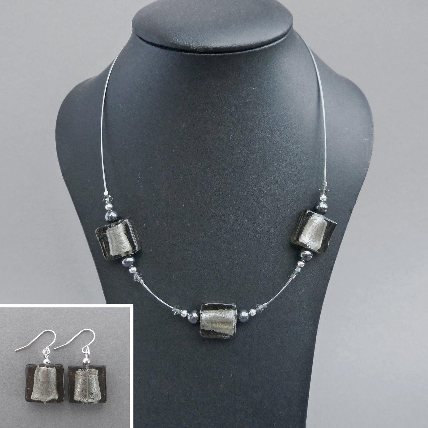 Grey fused glass necklace and earrings set