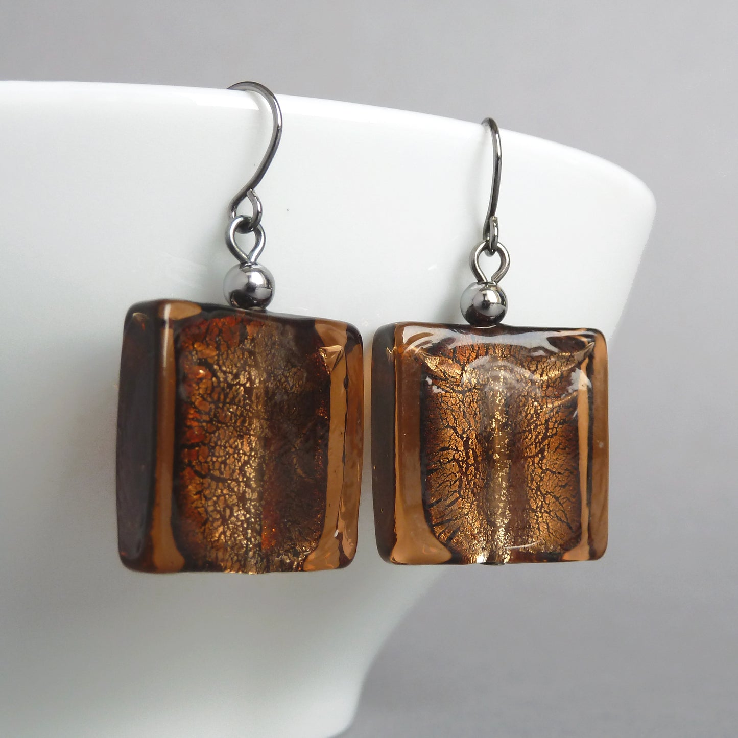 Large brown fused glass earrings