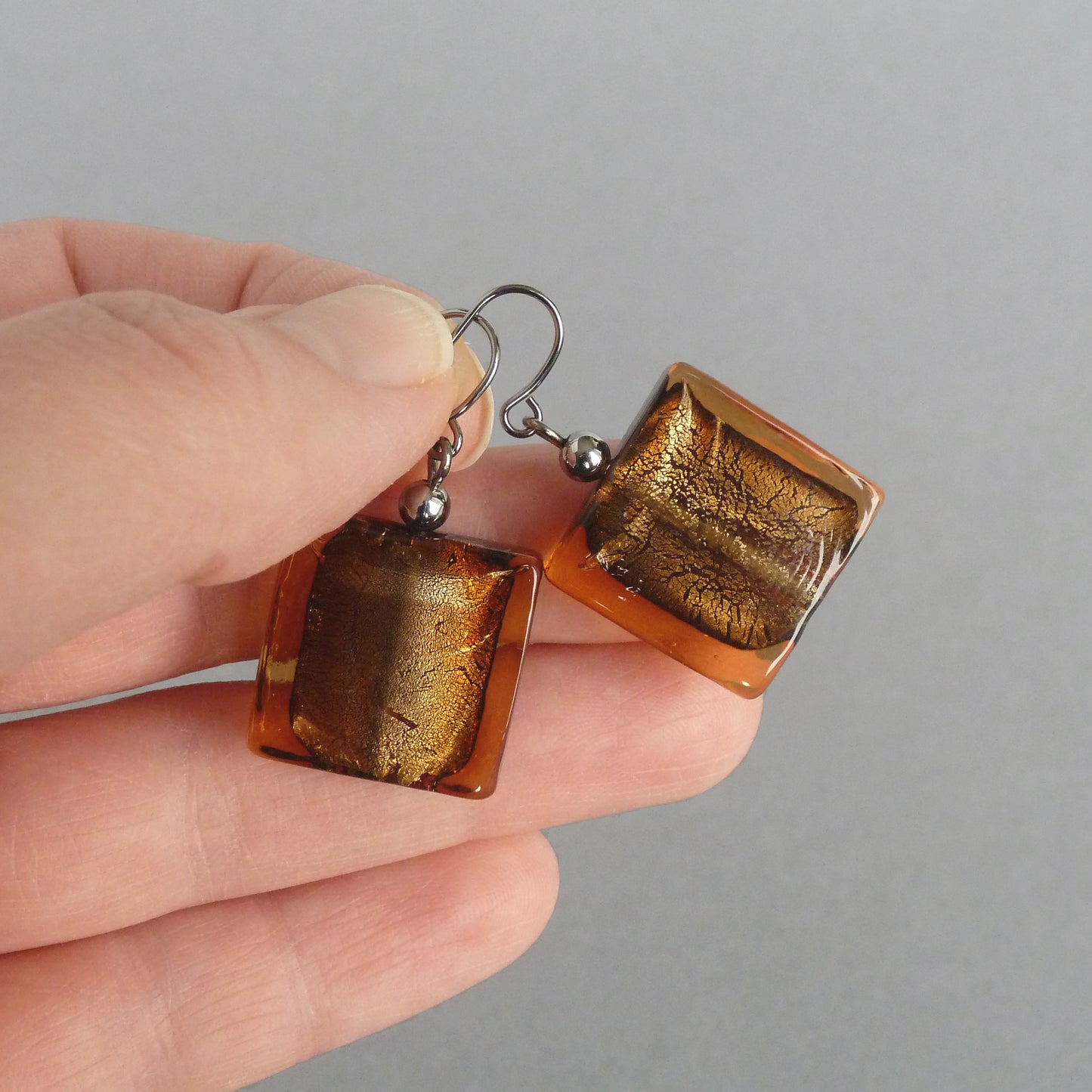 Large brown square glass earrings