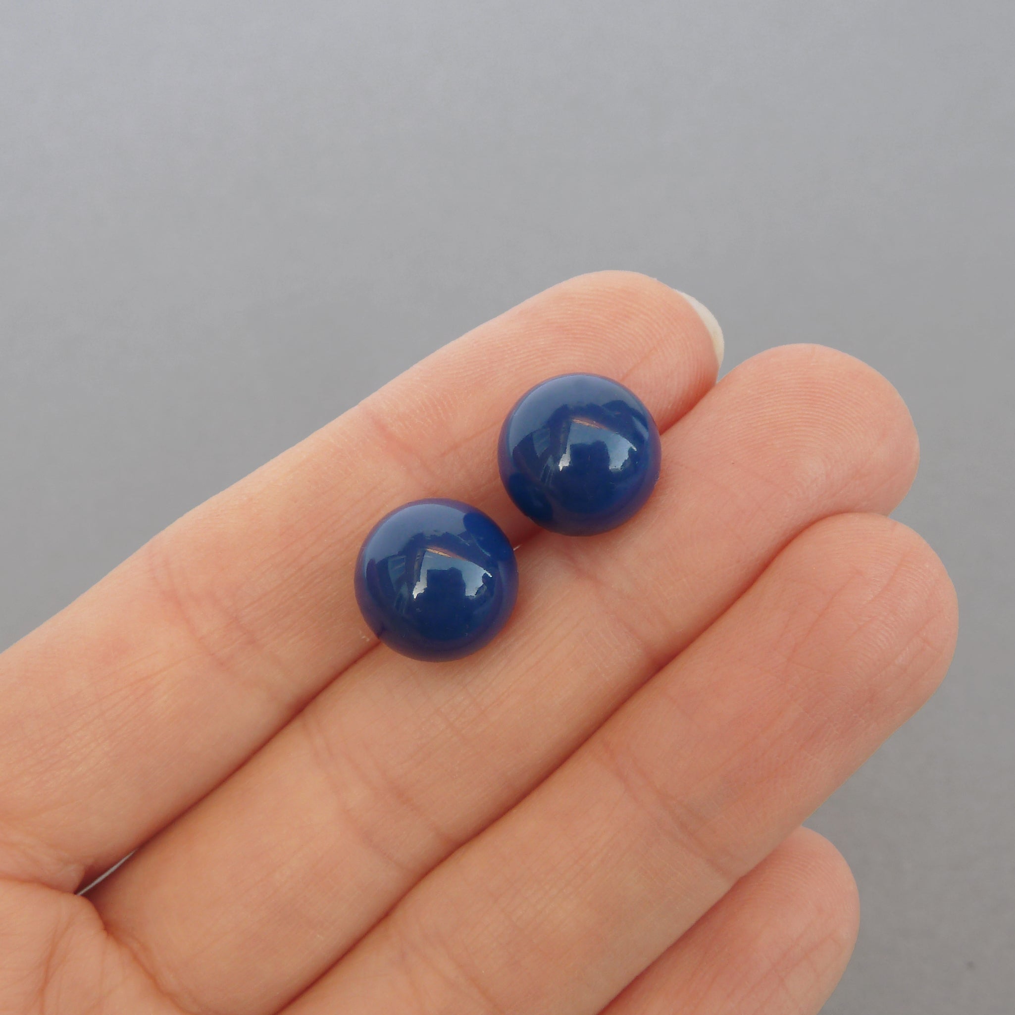 12mm Cobalt Blue Glass Pearl Studs Large Round Dark Blue Stud Earrings