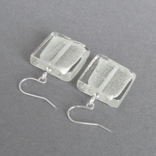 Large white fused glass earrings