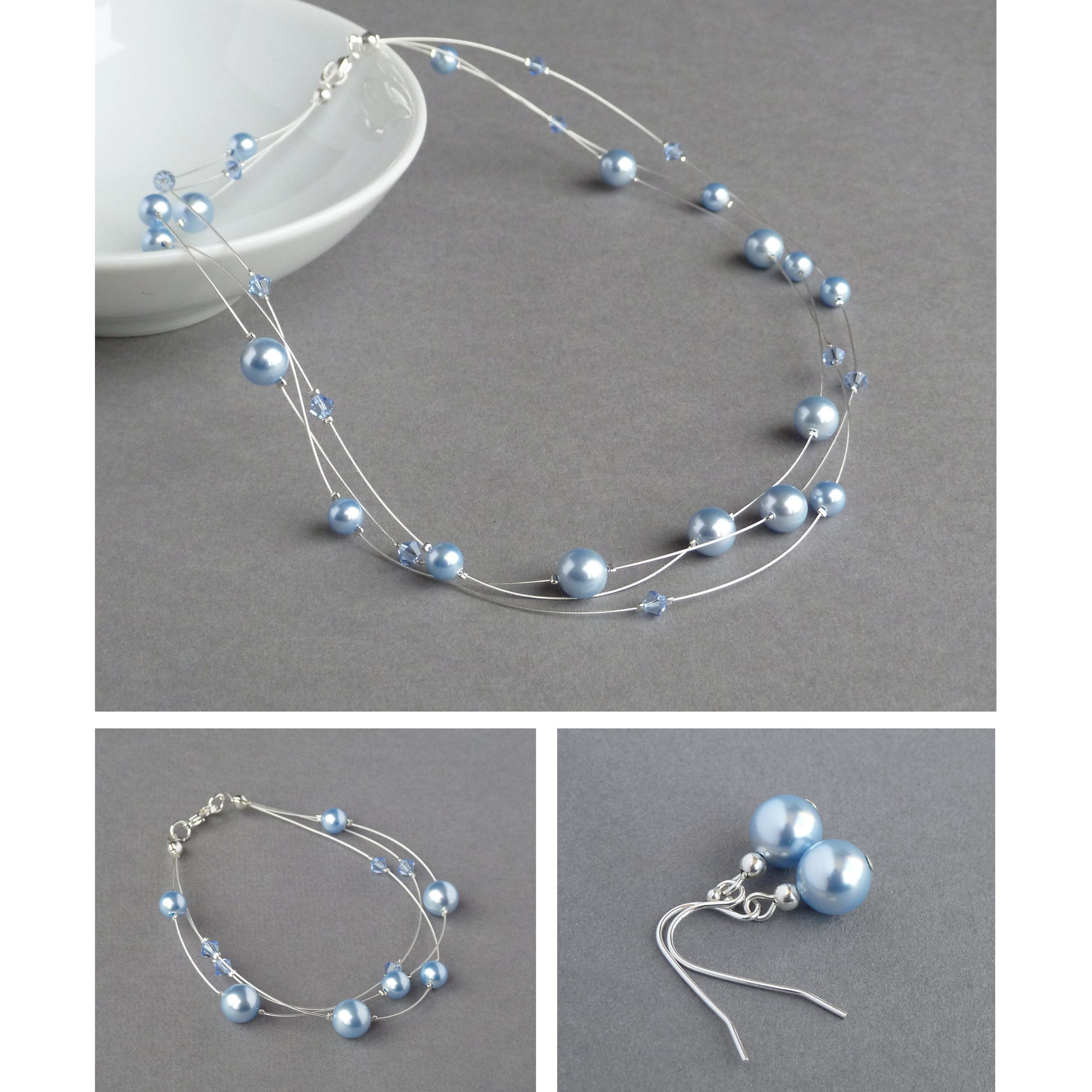 Light blue floating pearl jewellery set by Anna King