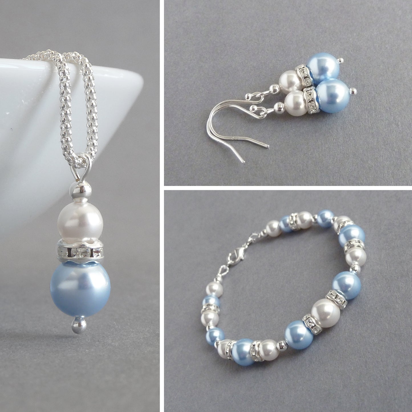 Light Blue Pearl and Crystal Drop Earrings - Pale Blue, Dangle, Bridesmaids Earrings