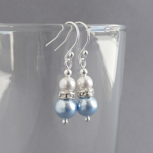 Light blue pearl drop earrings with silver hooks