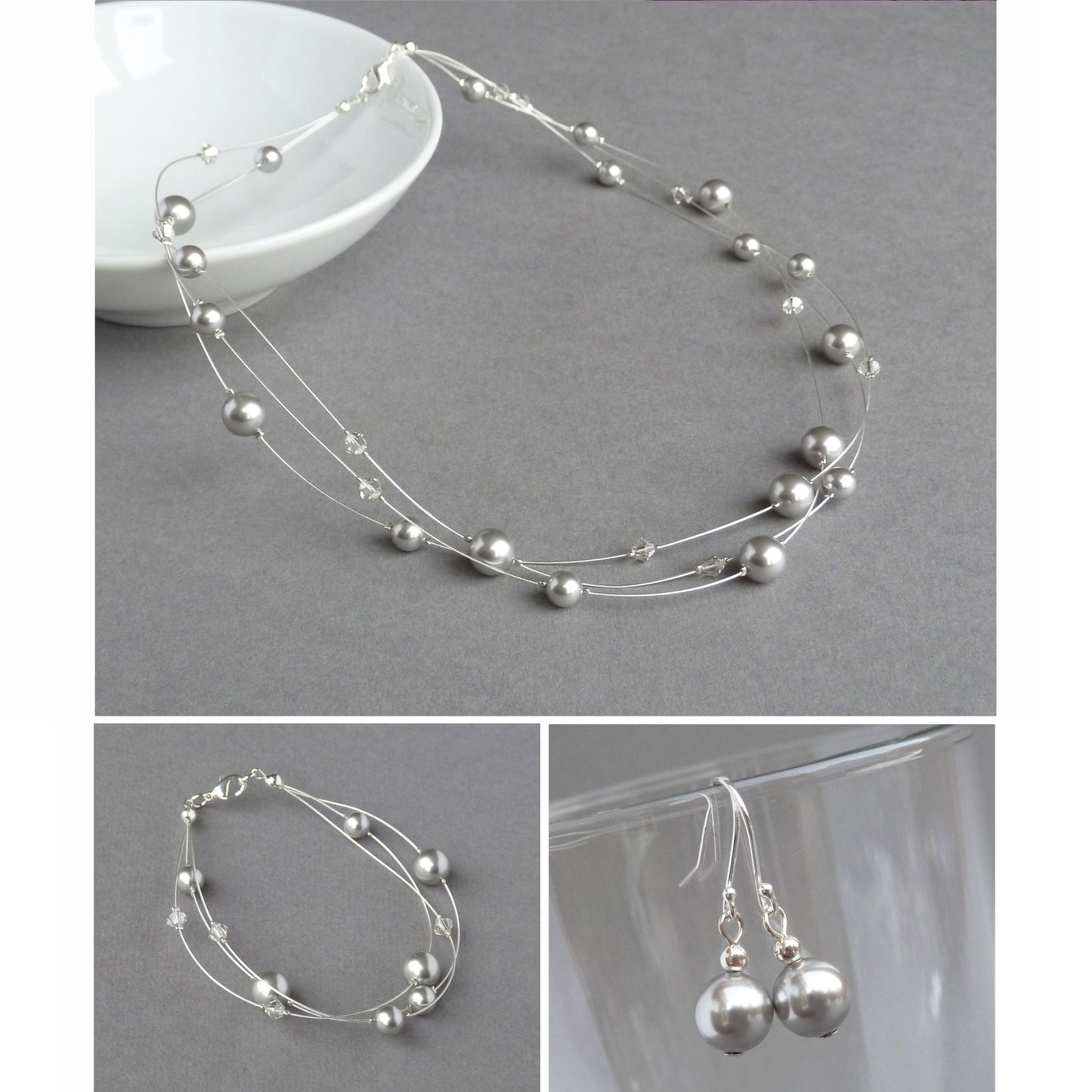 Silver Grey Glass Pearl Drop Earrings - Simple, Light Grey Faux Pearl and Sterling Silver Dangle Earrings