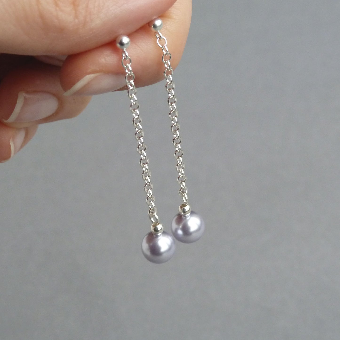 Long lavender pearl drop earrings