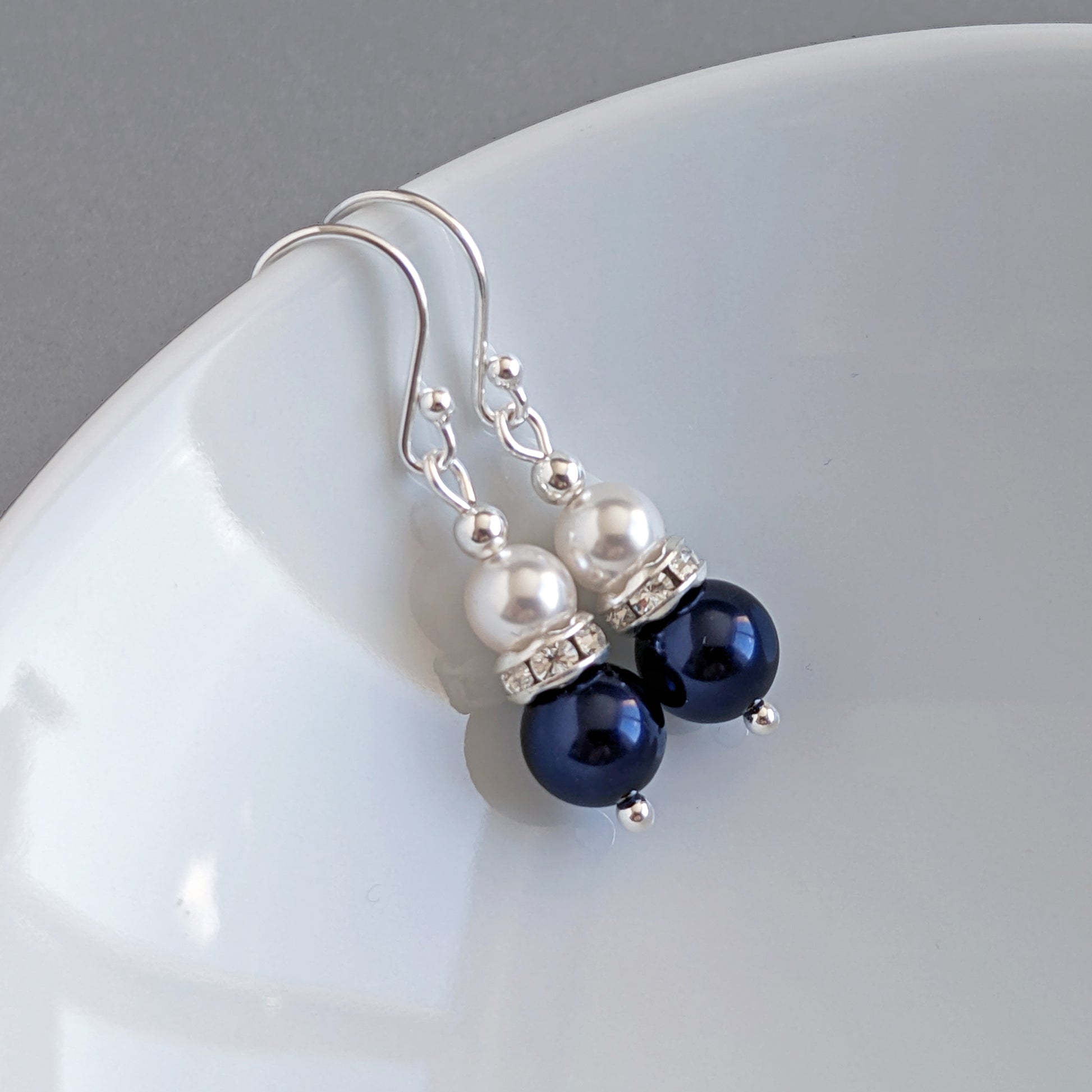 Navy and white pearl earrings