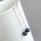 Navy Pearl Drop Earrings - Long, Dark Blue and Silver Chain, Dangle Earrings