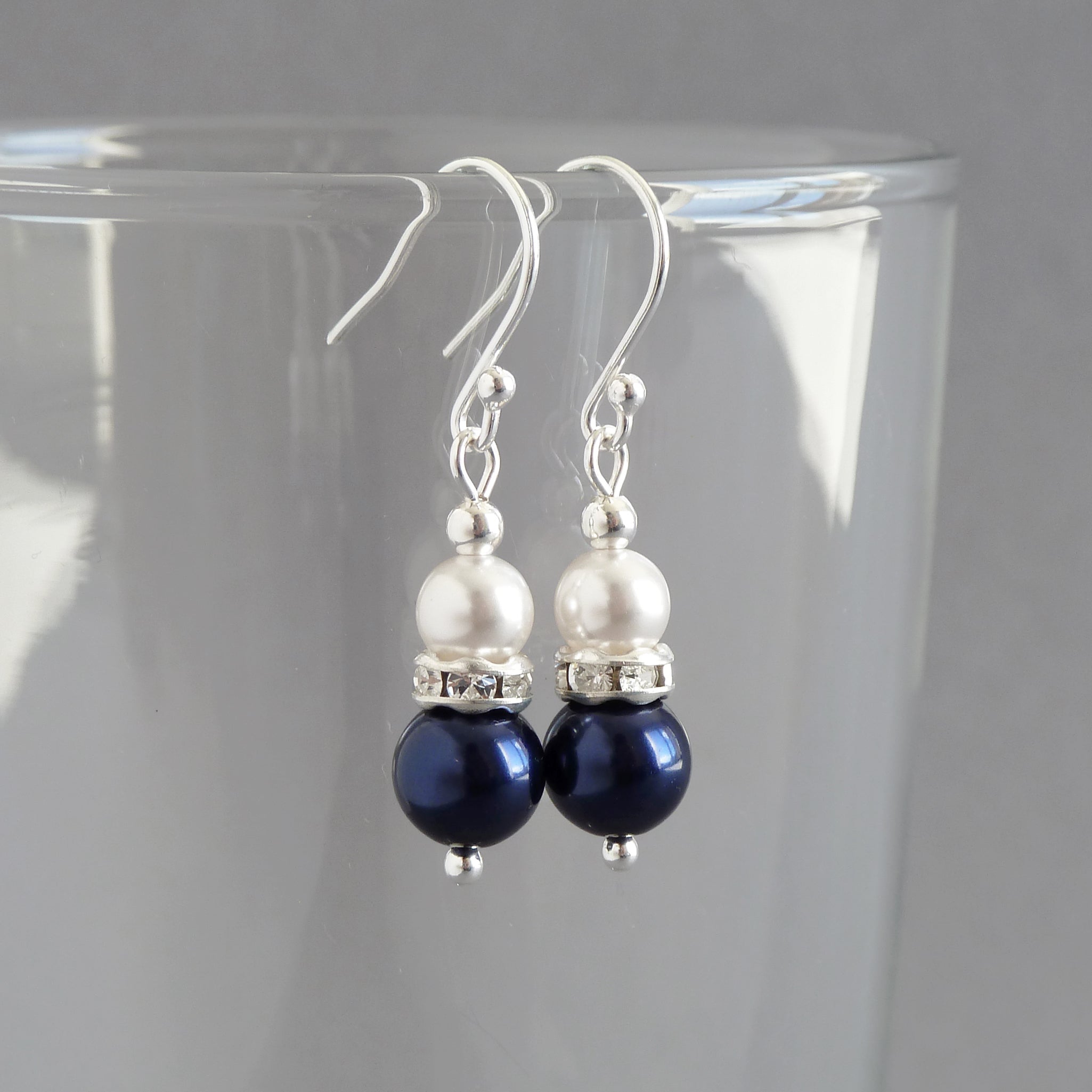 Navy Pearl and Crystal Drop Earrings Dangly Dark Blue and White Bridesmaids Earrings