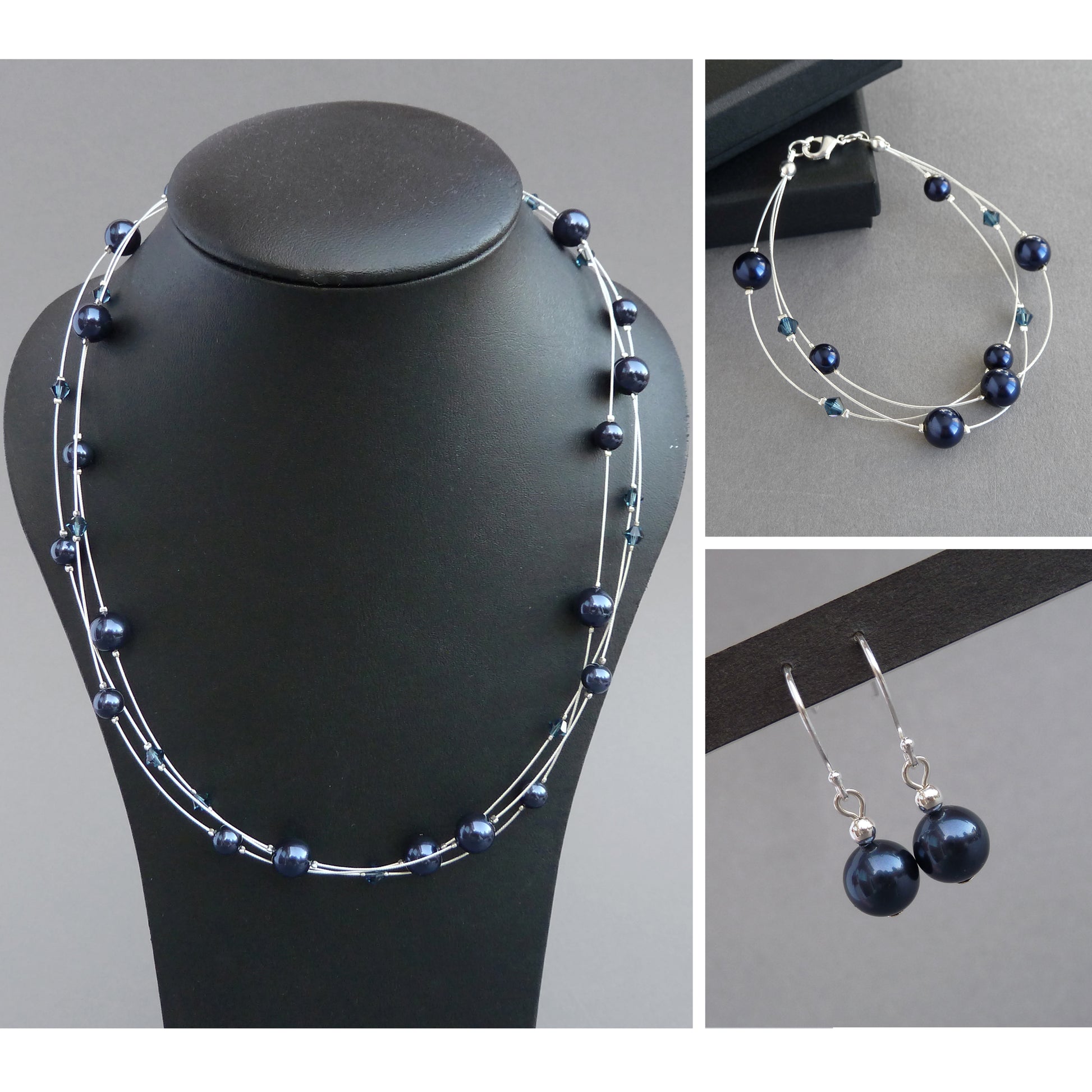 Navy floating pearl jewellery set by Anna King