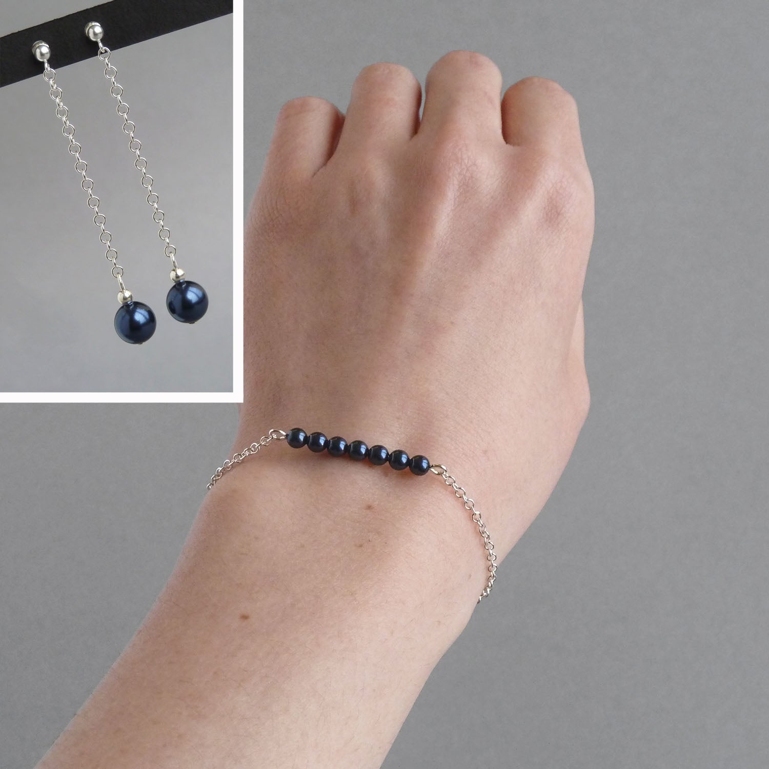 Navy pearl bracelet and earrings set