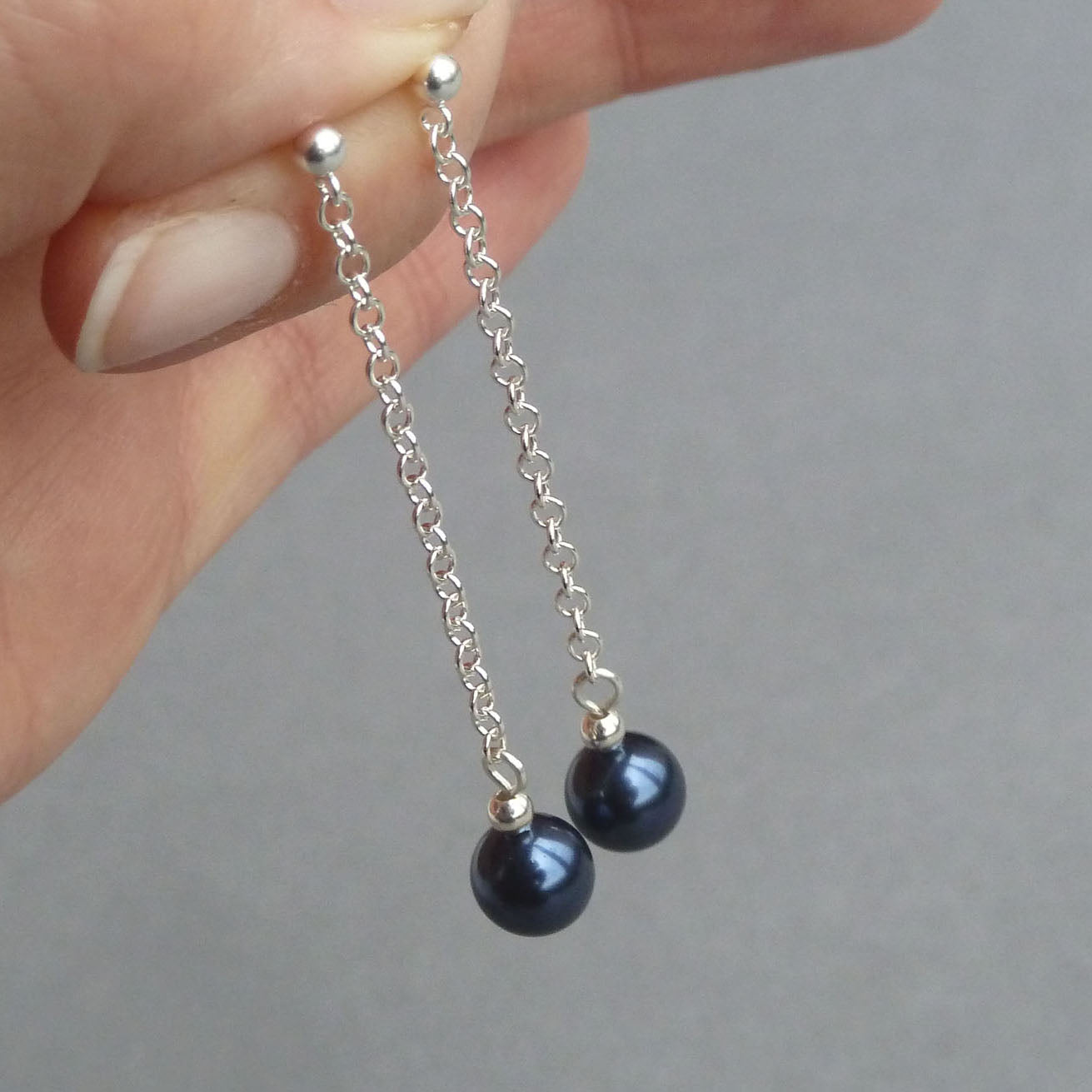 Navy Pearl Drop Earrings - Long, Dark Blue and Silver Chain, Dangle Earrings