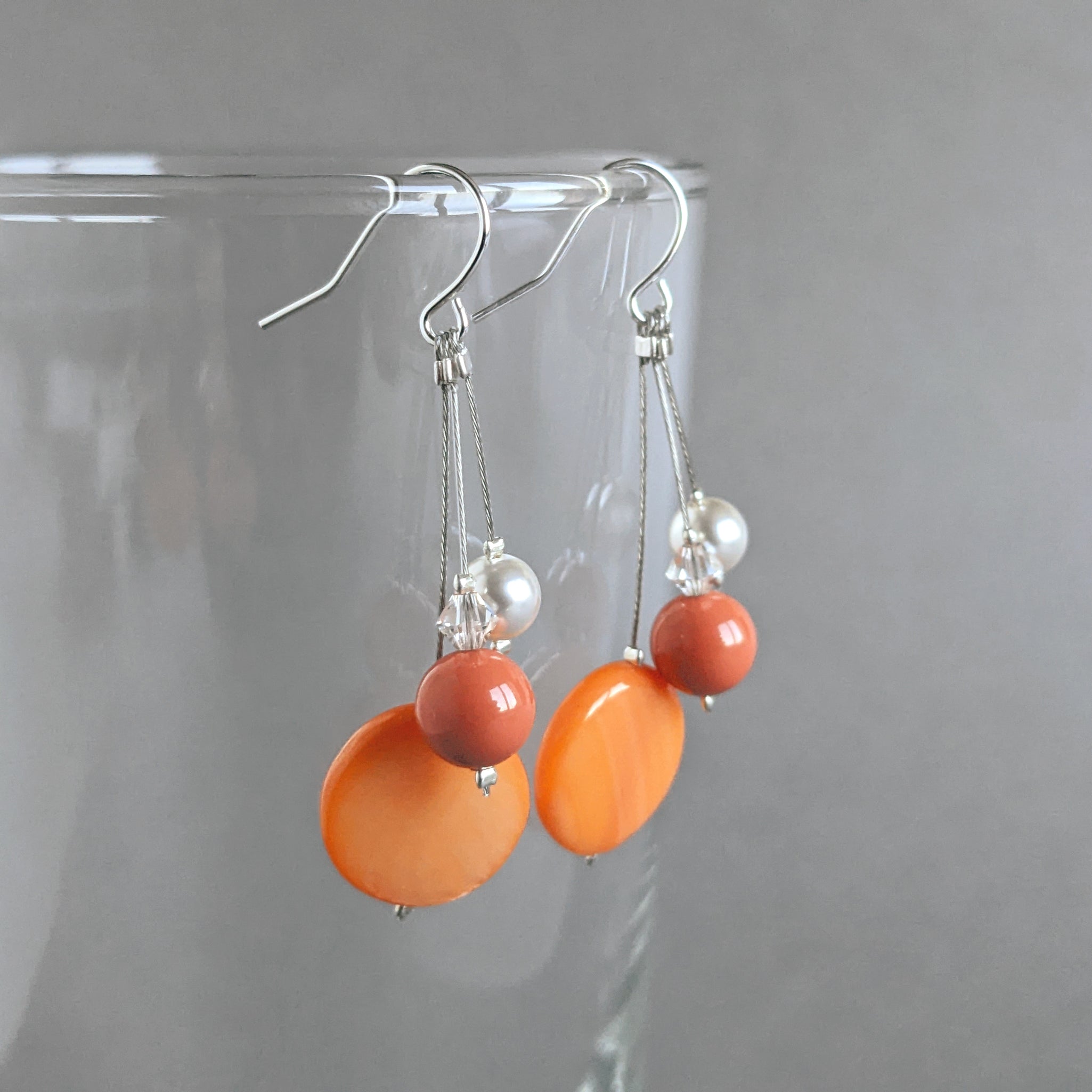 Orange Three Strand Drop Earrings Long Tangerine Multi strand Dangle Earrings