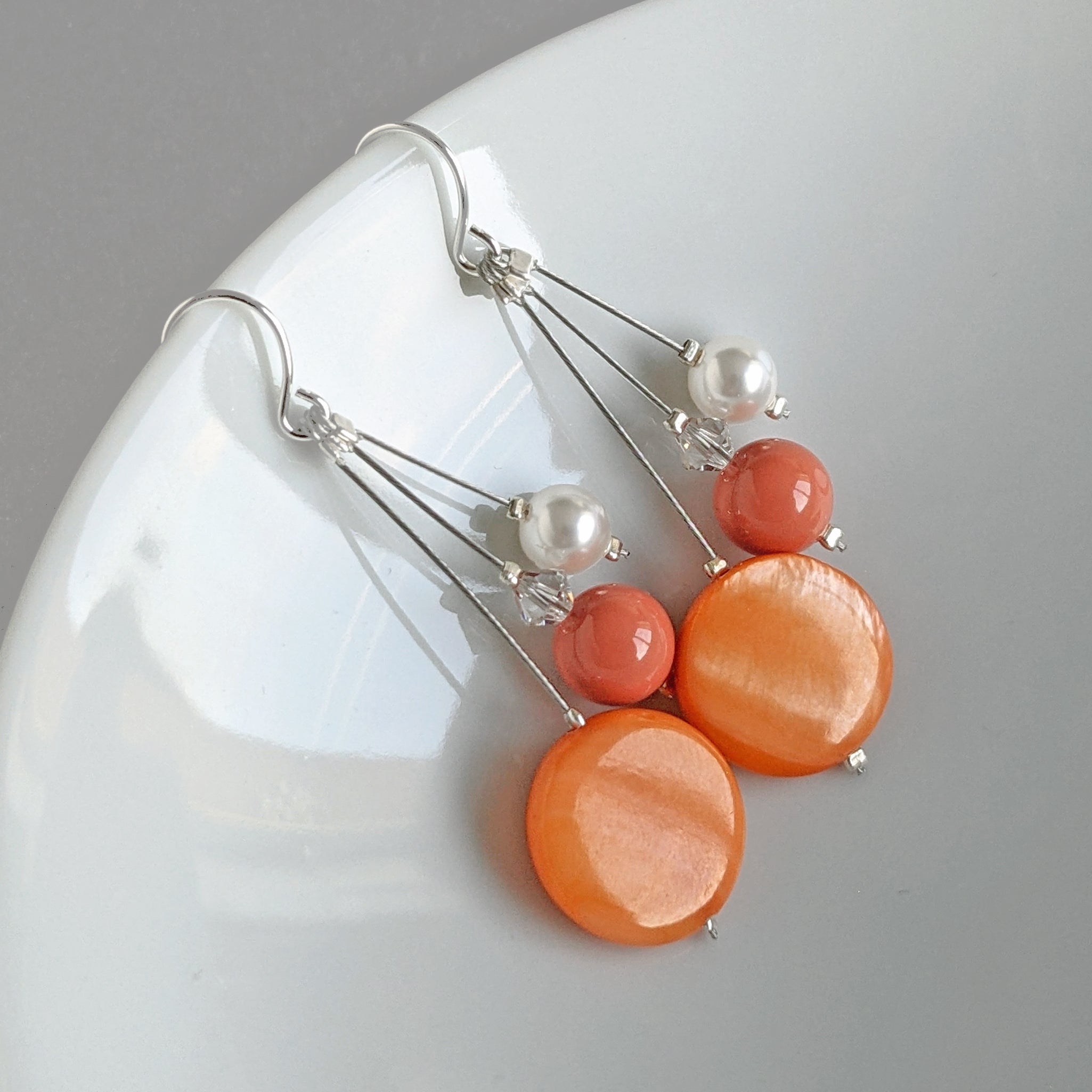 Orange Three Strand Drop Earrings Long Tangerine Multi strand Dangle Earrings