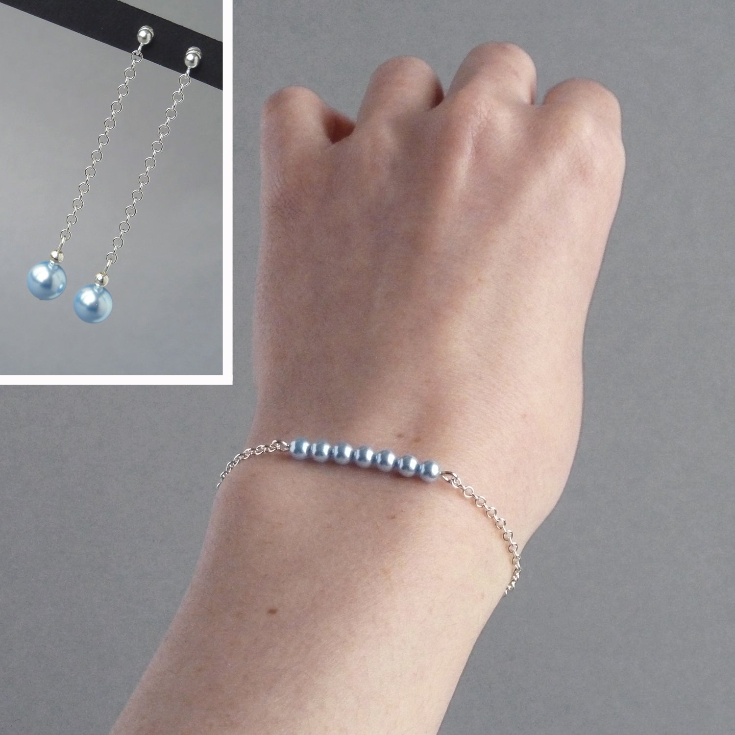Pale blue pearl bracelet and earrings set