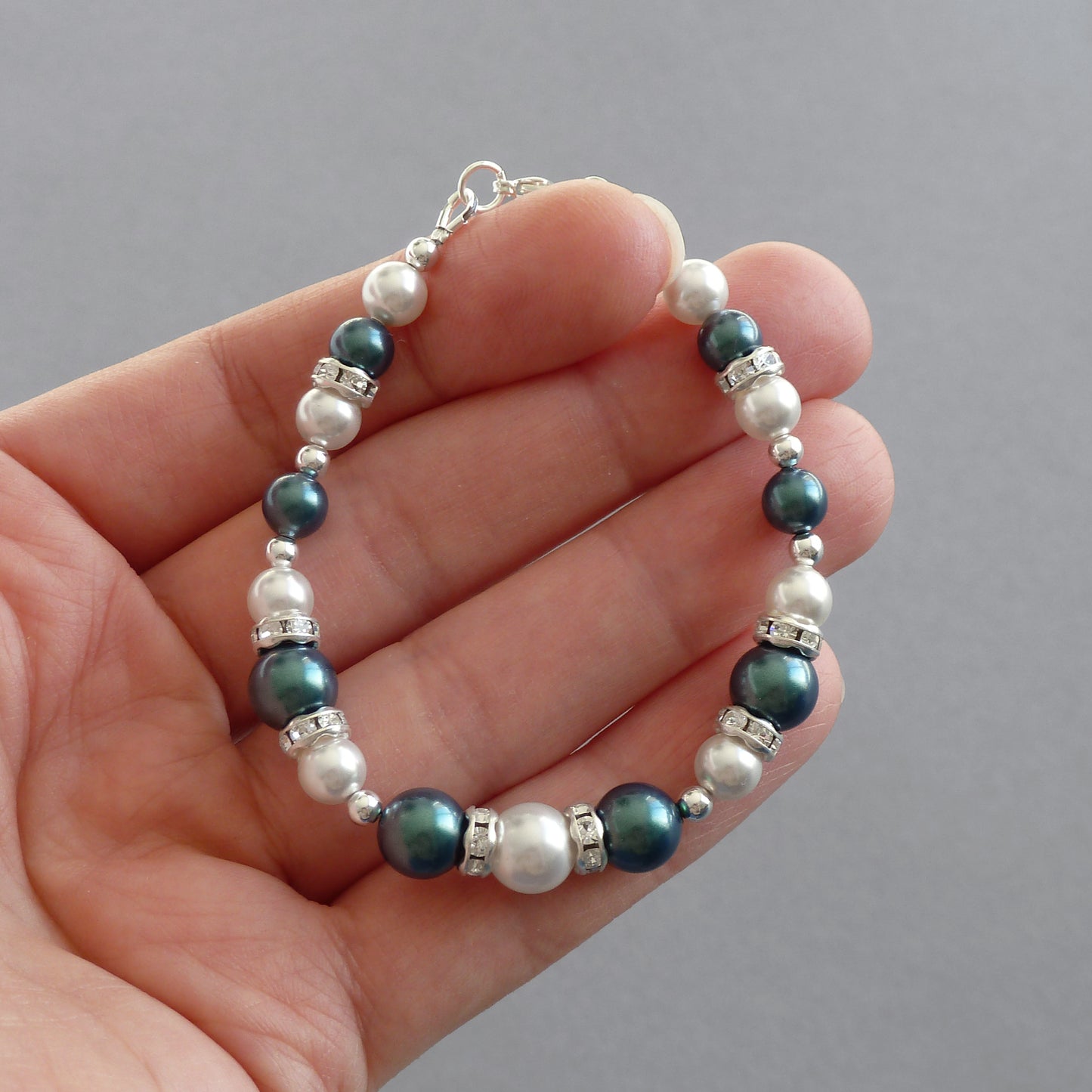 Petrol blue and white pearl bracelet