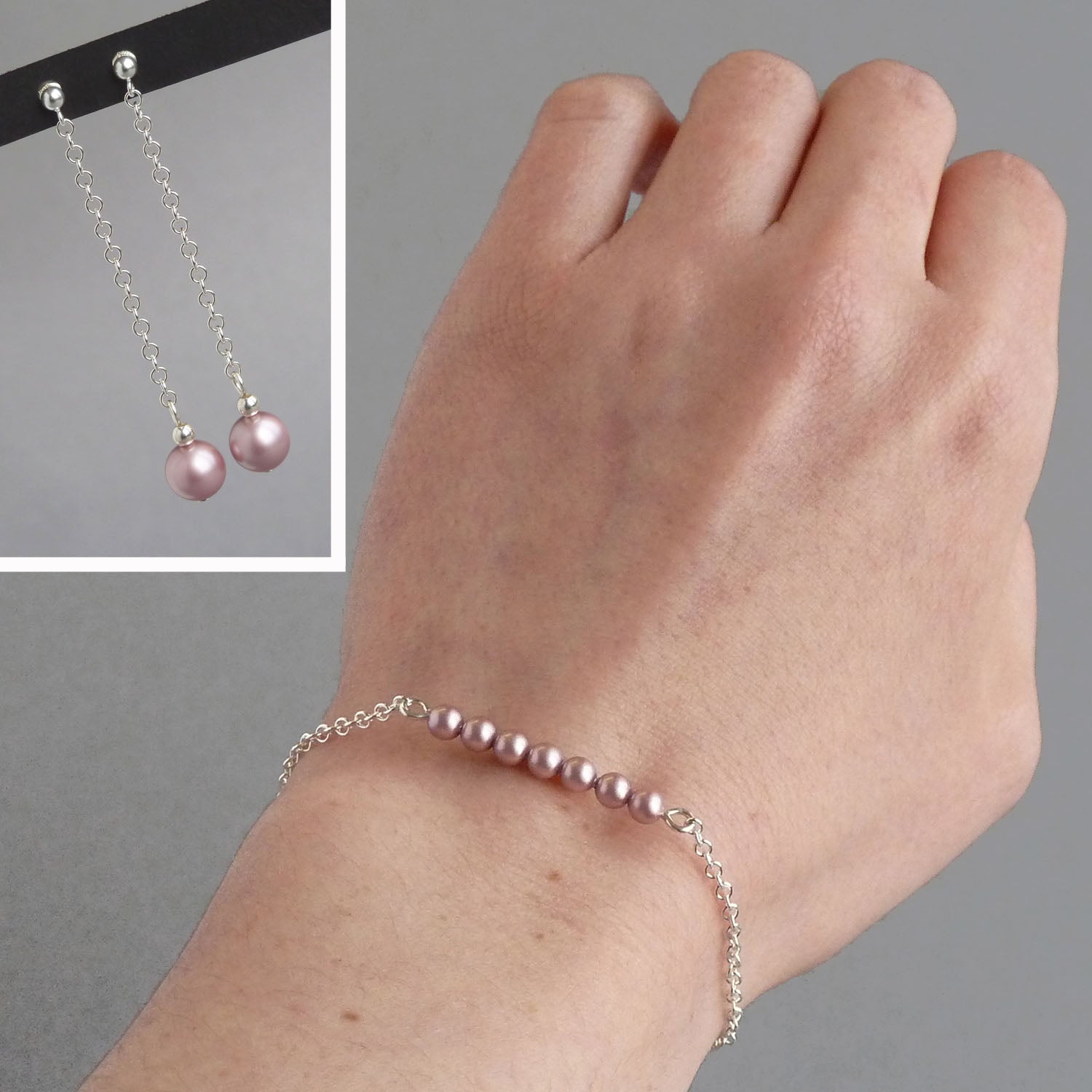 Rose pink pearl bracelet and earrings set