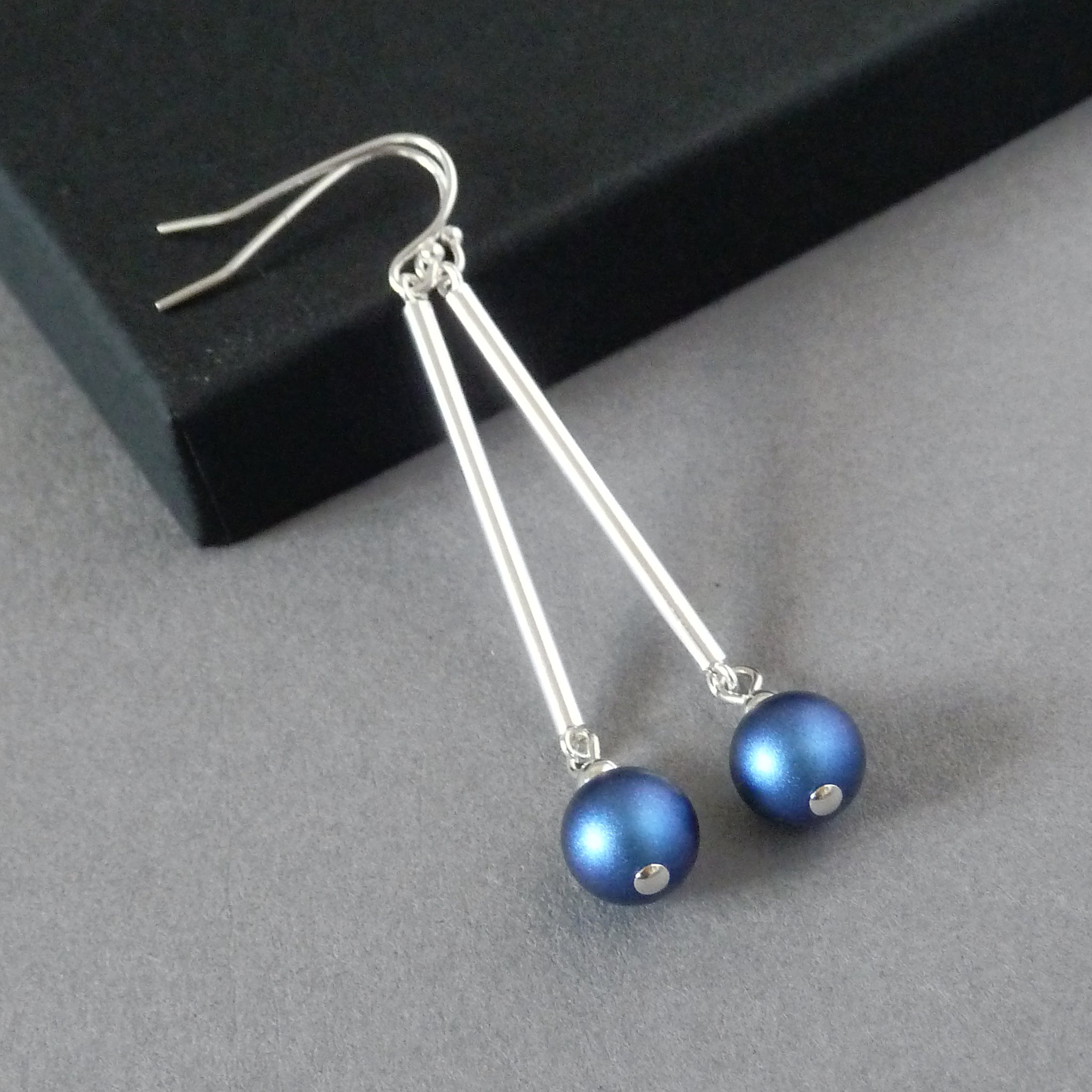 Iridescent Dark Blue Pearl and Sterling Silver Bar Drop Earrings Long Simple Royal Blue Dangle Earrings