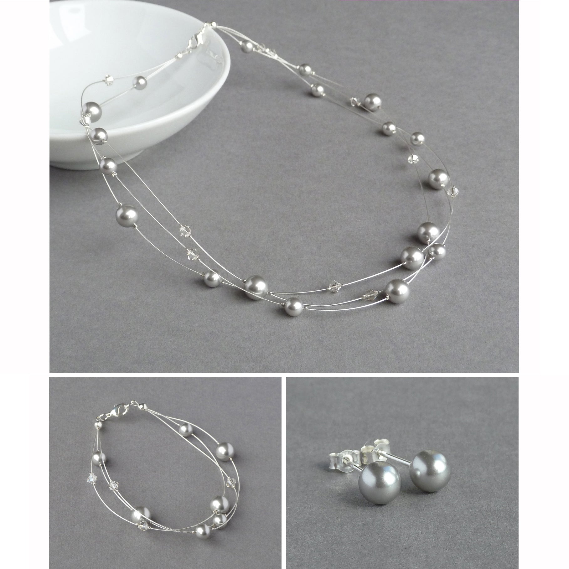 Silver grey floating pearl jewellery set by Anna King