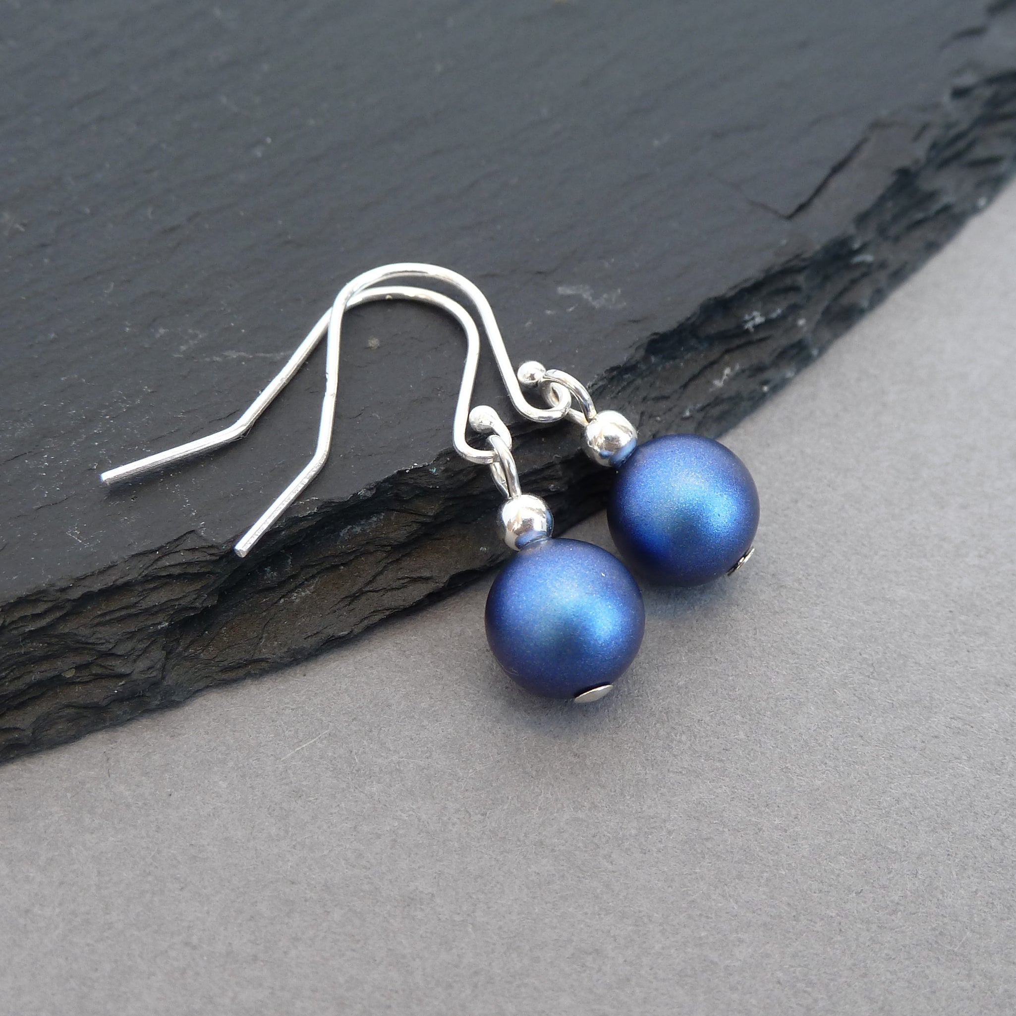 Simple Iridescent Dark Blue Pearl Dangle Earrings Everyday Royal Blue Drop Earrings