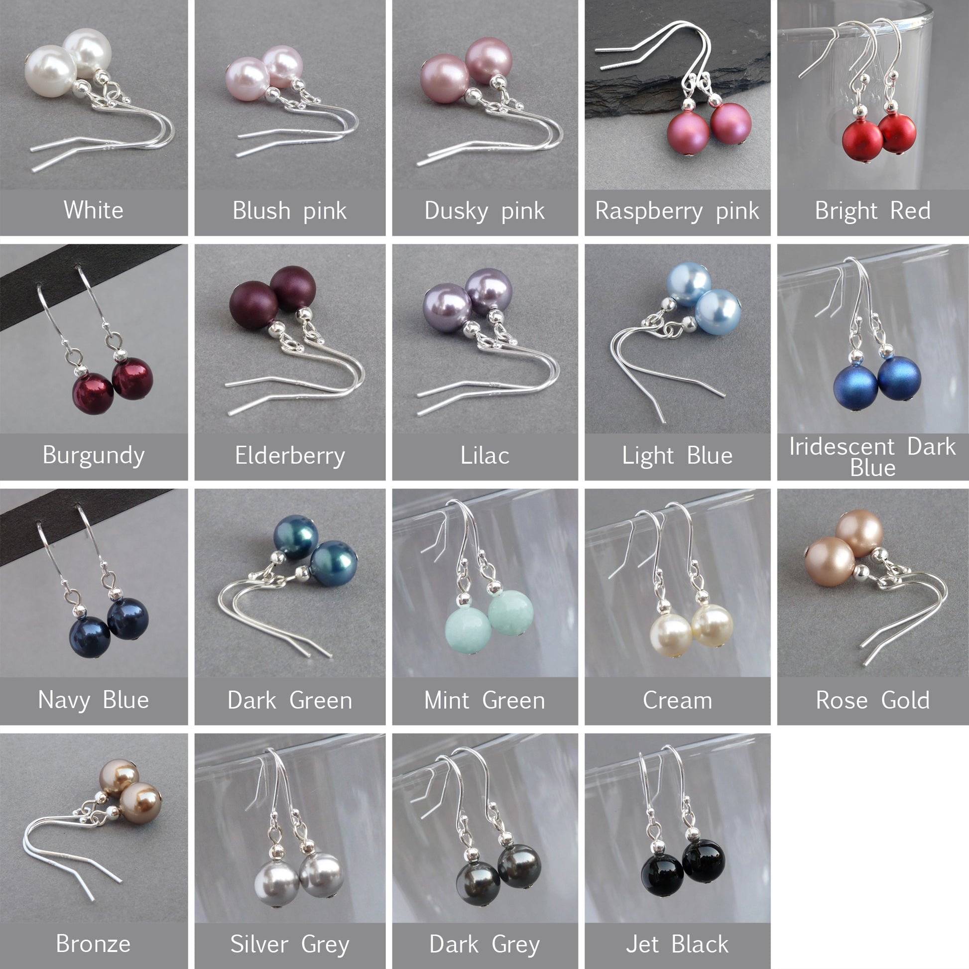 Simple pearl drop earrings in a variety of colours