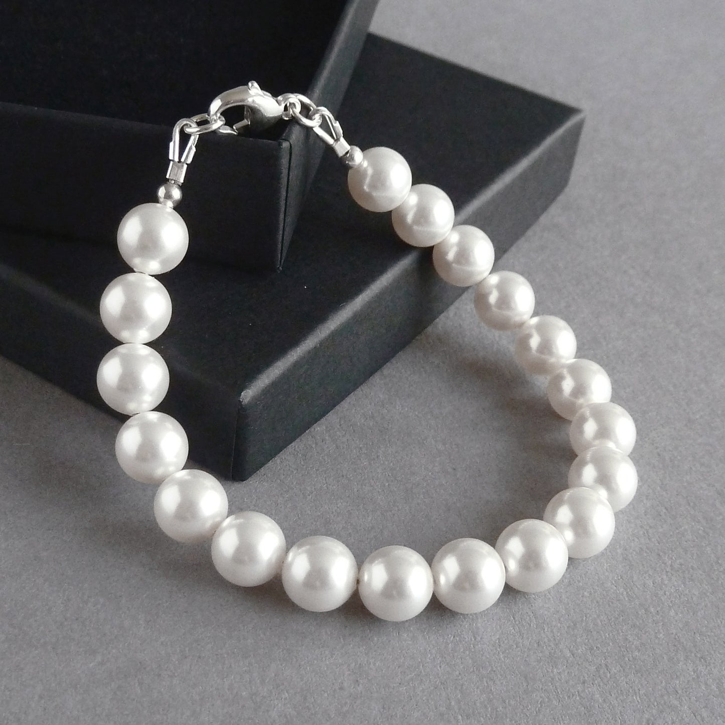 Simple White Glass Pearl Bridal Bracelet - Single Strand, White Pearl Bracelets for Weddings