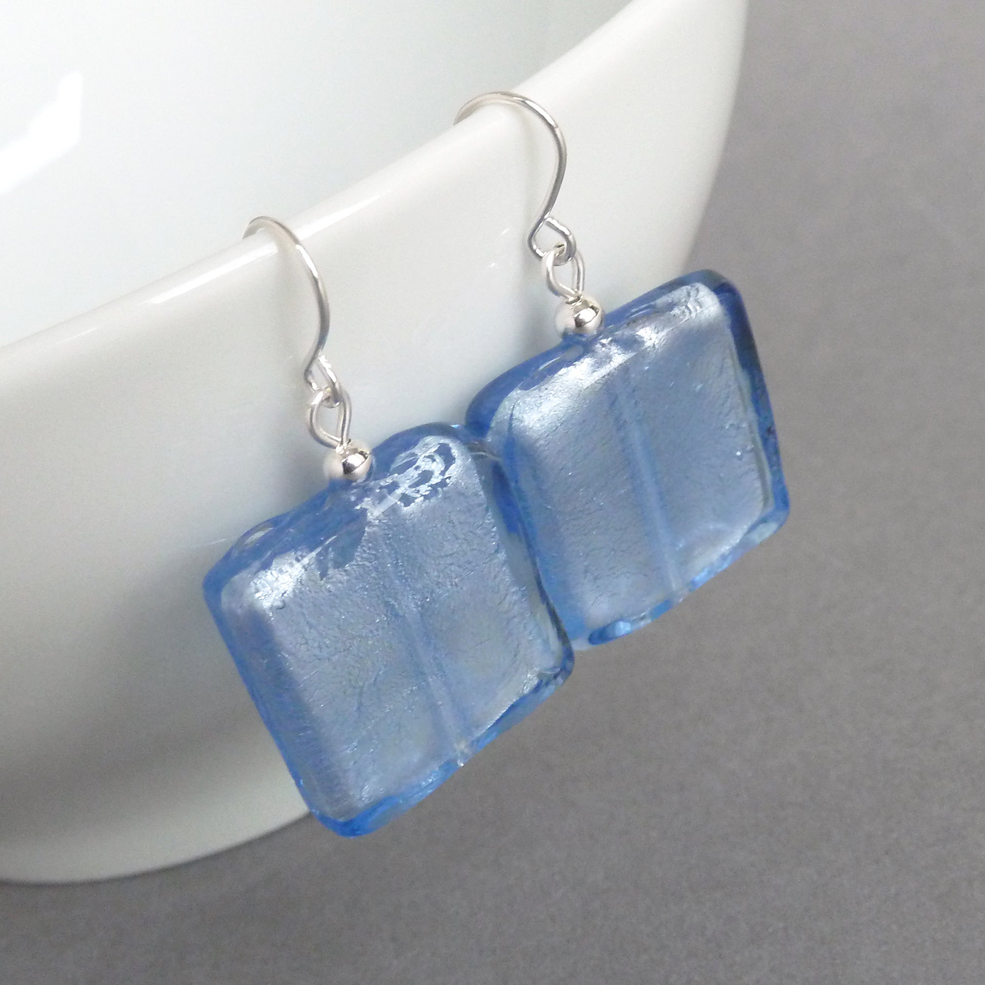 Large Light Blue Fused Glass Drop Earrings Big Pale Blue Silver Foil Lined Glass Dangle Earrings