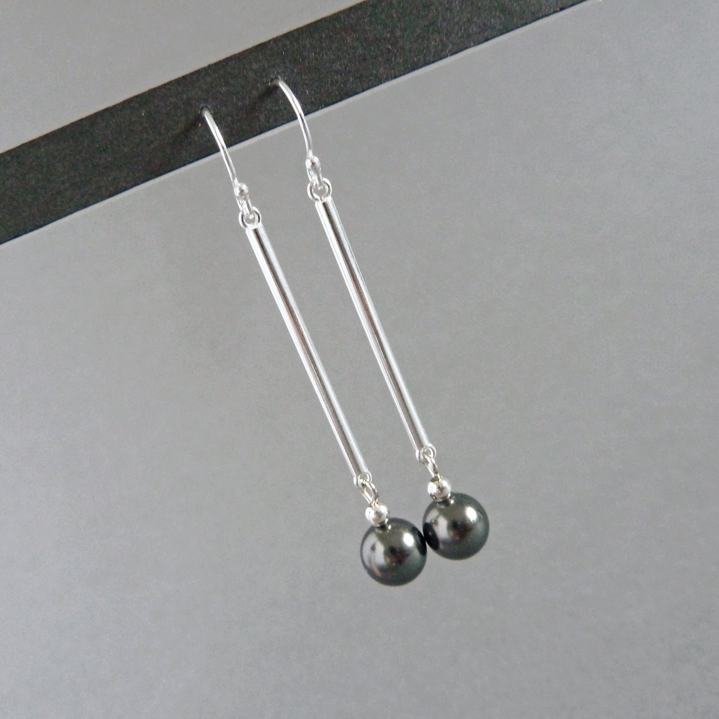 Sterling silver bar and dark grey pearl earrings