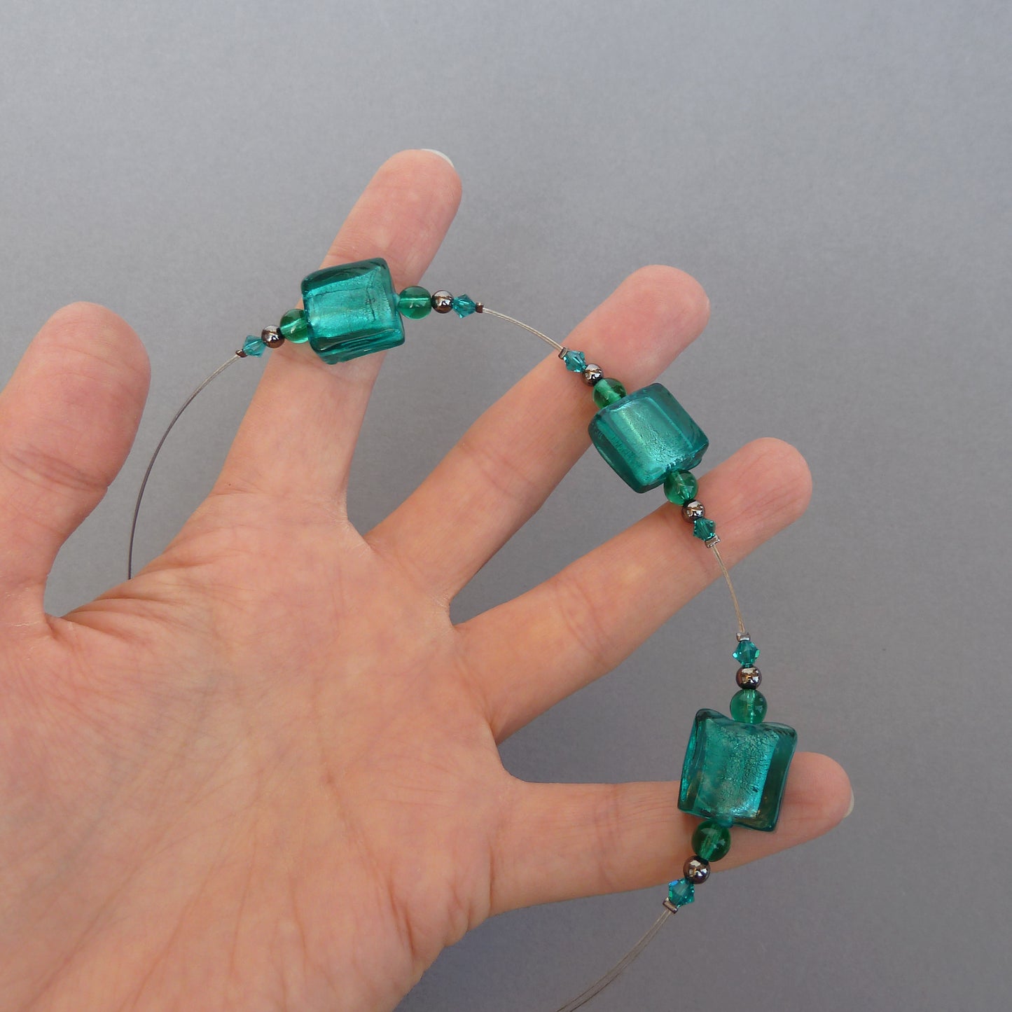 Teal square glass bead necklace