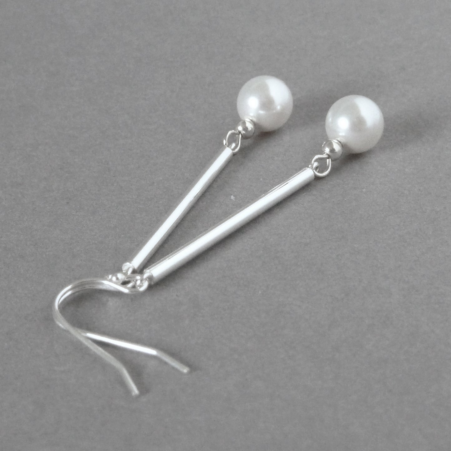 White pearl and silver bar earrings