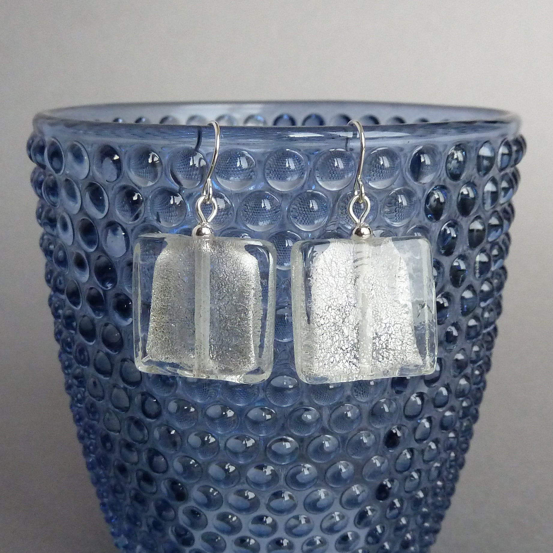 White silver foil lined glass earrings