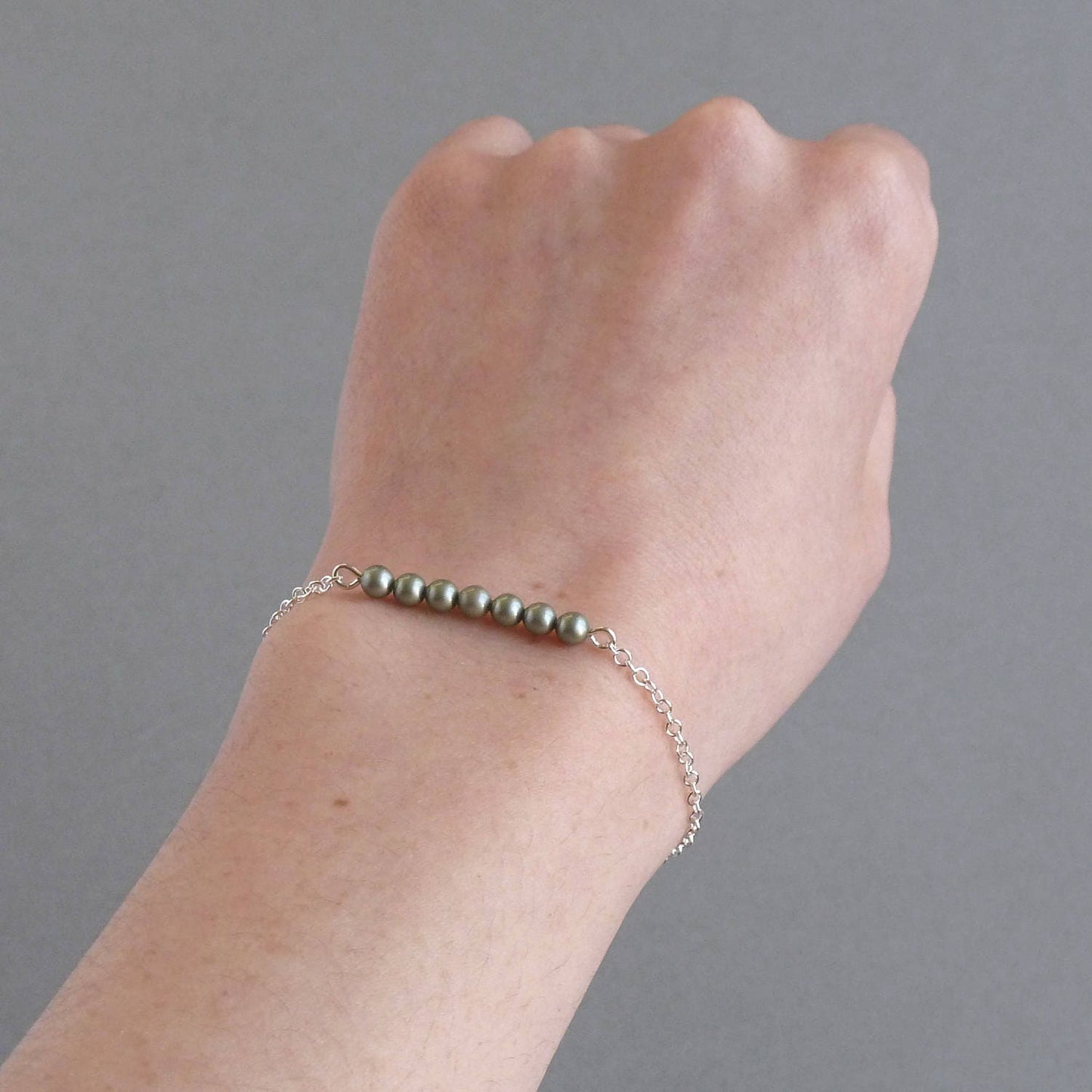 Sage Green Pearl Layering Bracelet - Dainty, Chain and Dusty Green, Pearl Bar Bracelets
