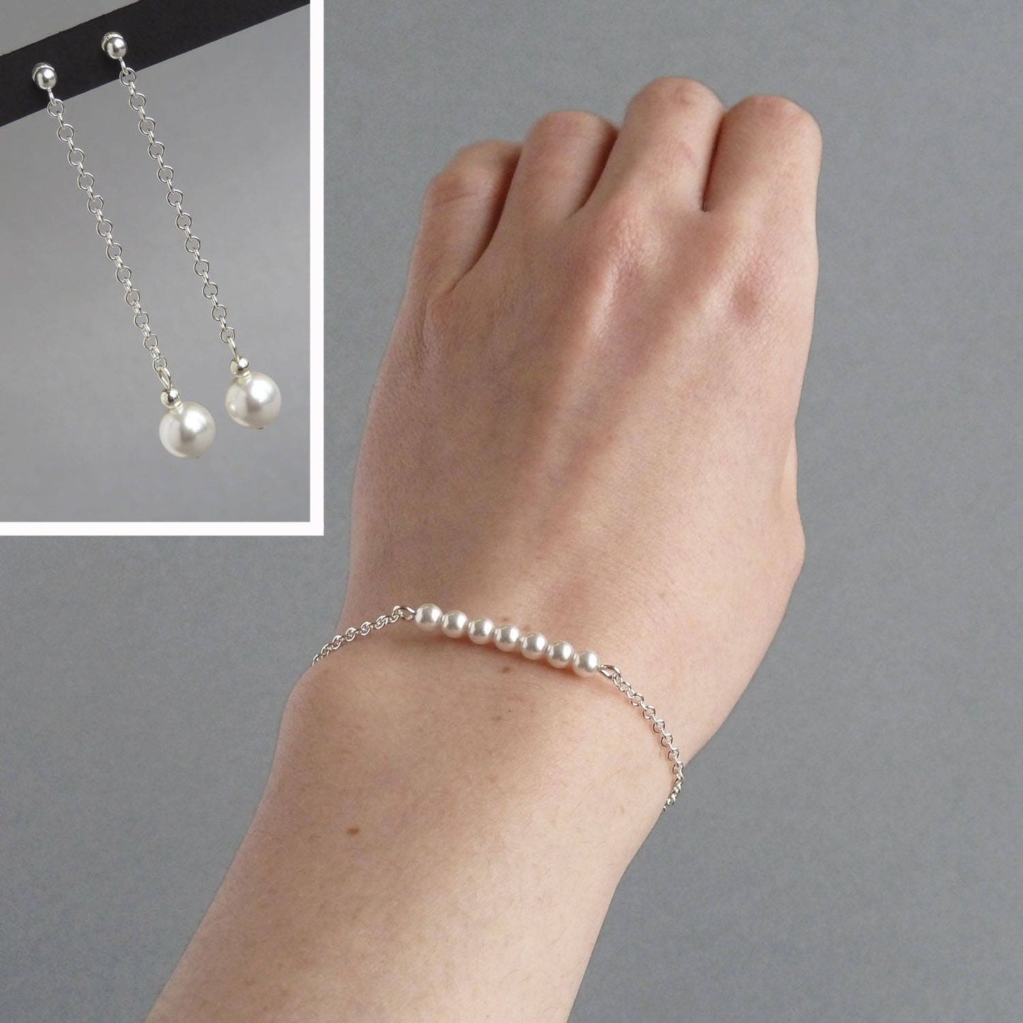 White Glass Pearl Drop Earrings - Delicate, Long, Chain Dangle Earrings