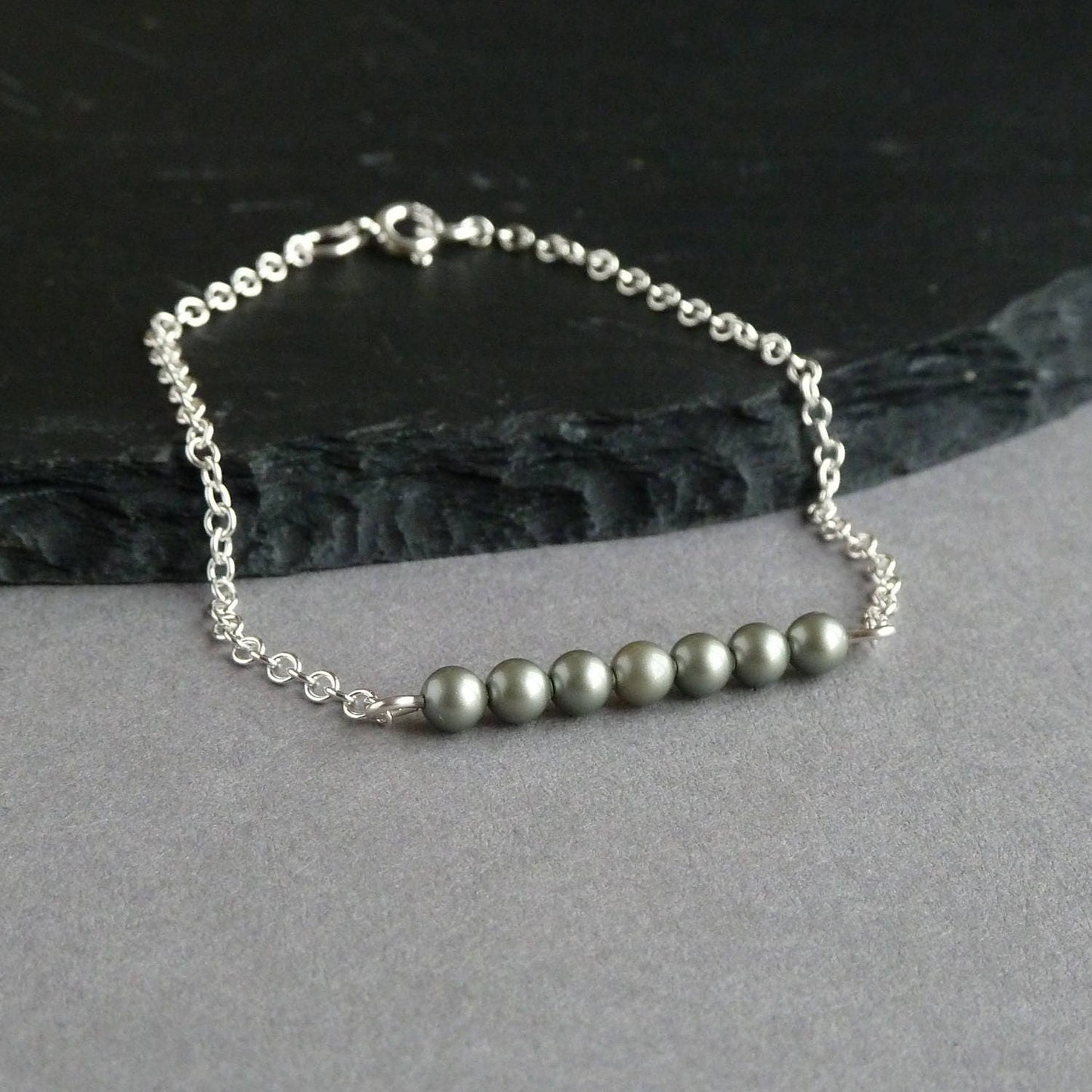 Sage Green Pearl Layering Bracelet - Dainty, Chain and Dusty Green, Pearl Bar Bracelets