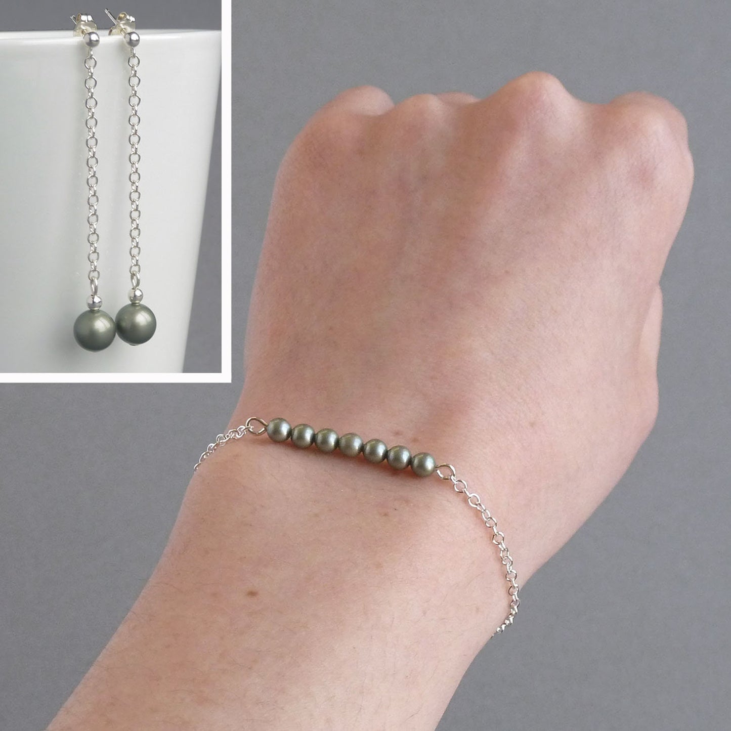 Sage Green Pearl Layering Bracelet - Dainty, Chain and Dusty Green, Pearl Bar Bracelets