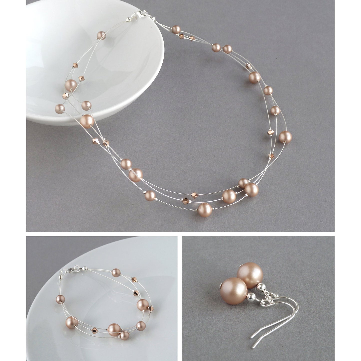 Rose Gold Floating Pearl Jewellery Set - Champagne, Multi-strand Necklace, Bracelet and Drop Earrings
