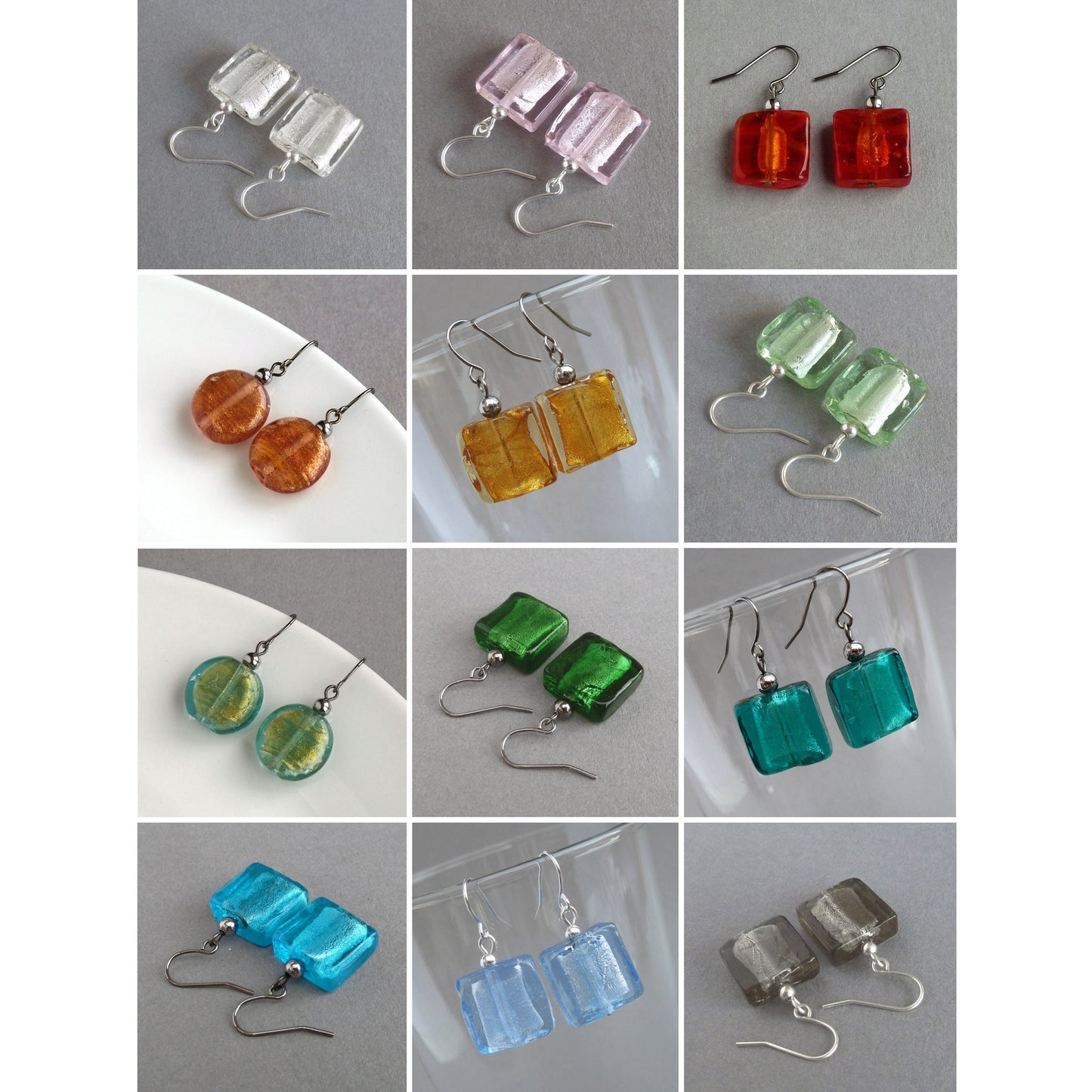 Small Light Green Fused Glass Dangle Earrings - Mint, Square, Silver Foil Lined, Drop Earrings