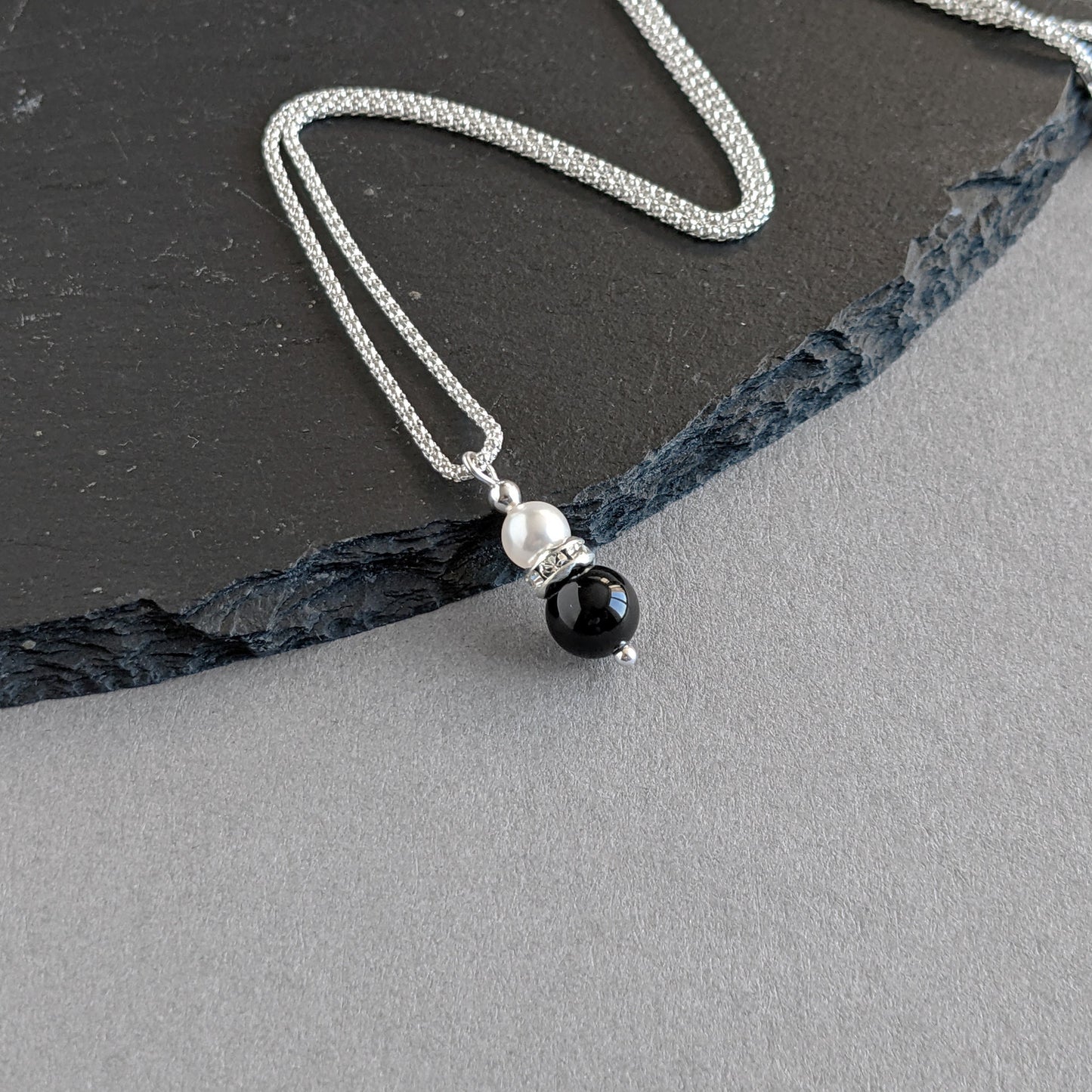 Jet Black Pearl Drop Necklace - Black Onyx and White Pendant Necklaces